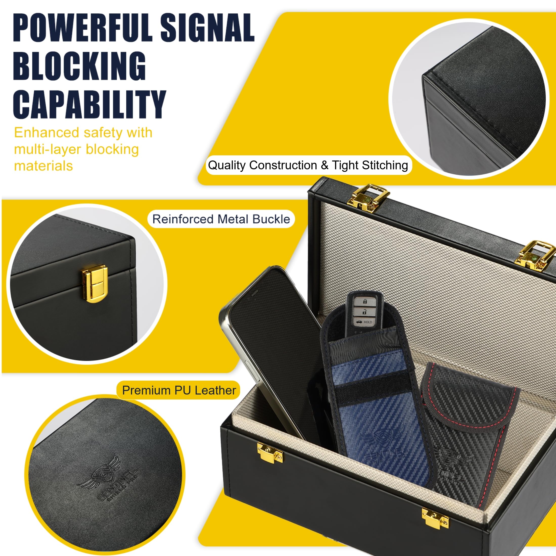 Premium Faraday Box with 2 Faraday Pouches for Car Keys - RFID Signal Blocking Box, Keyless Entry Key Fob Protector, Anti-Theft Signal Blocker for Car Security with PU Leather Design [Large Capacity]