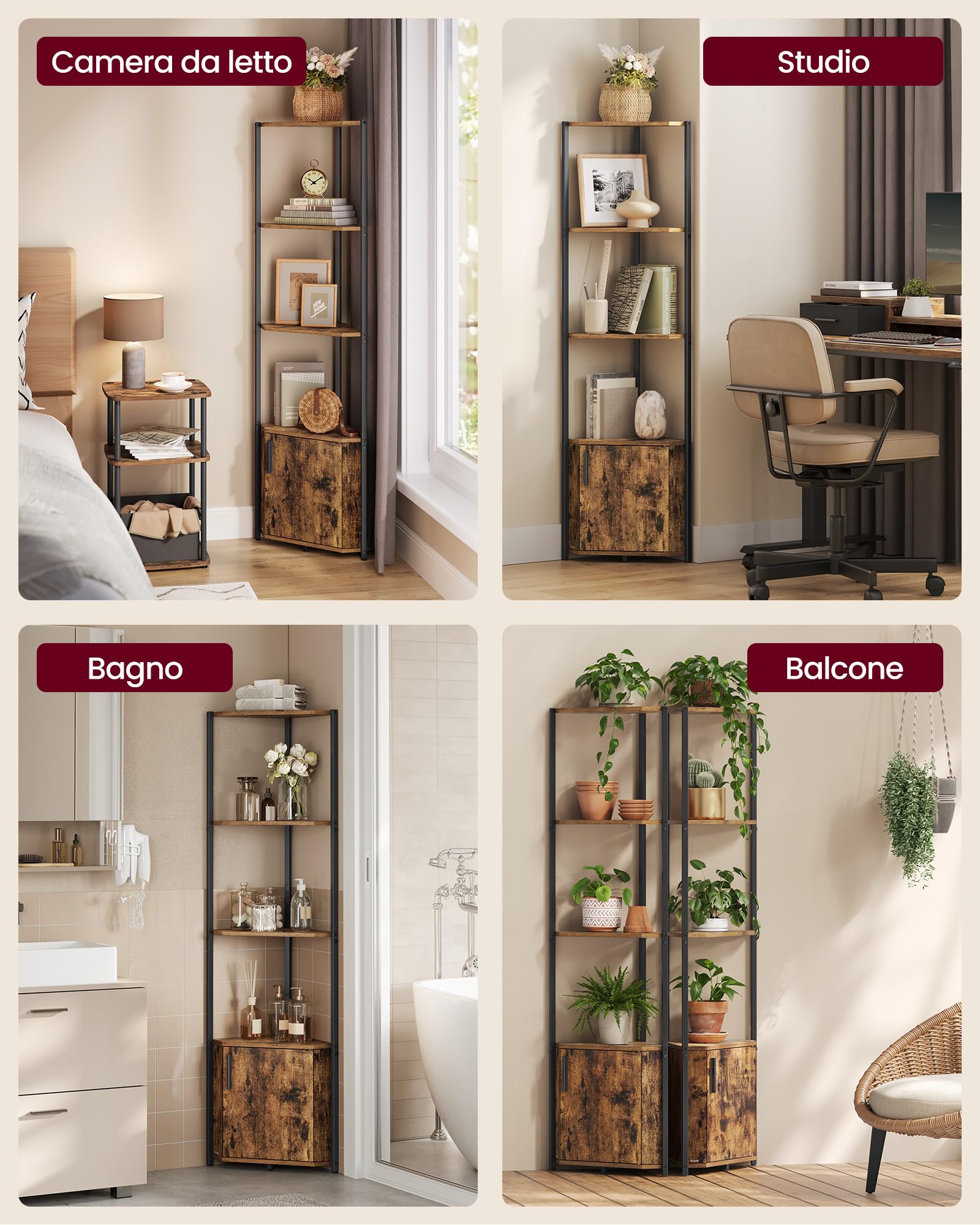 VASAGLE Scaffale Angolare con Contenitore, Libreria Angolare con 5 Ripiani, Mensola Angolare, per Soggiorno, Camera da Letto, Cucina, Bagno, Marrone Vintage e Nero Inchiostro LBC580K01