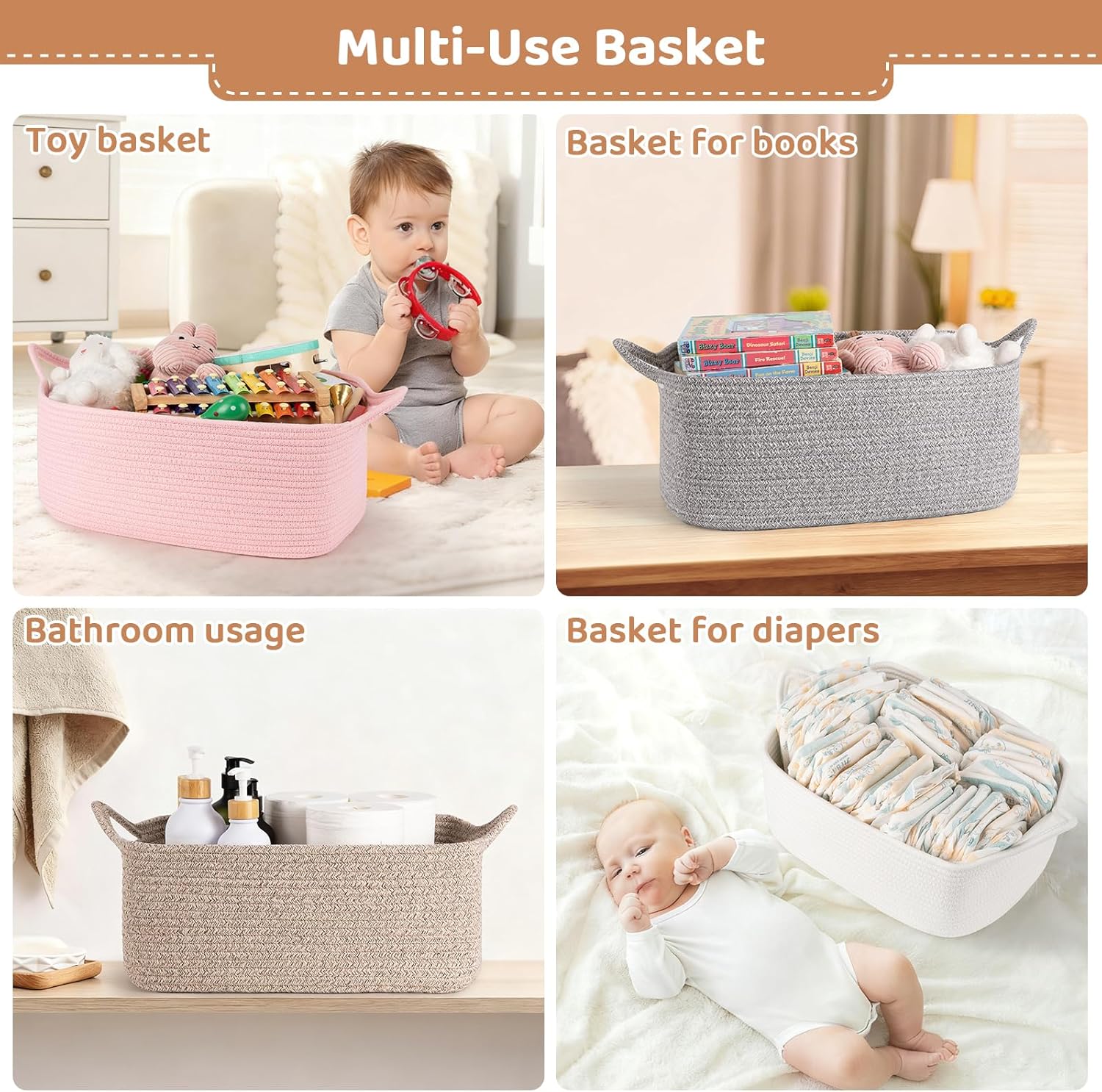 OIASKET Empty Gift Baskets for Baby Shower, 15.4"L x 11.4"W x 6.7"H Cute Woven Storage Basket with Gift Bags and Ribbons, Small Rope Toy Basket with Handles, Cat Dog Pet Toy Organizer - Small White