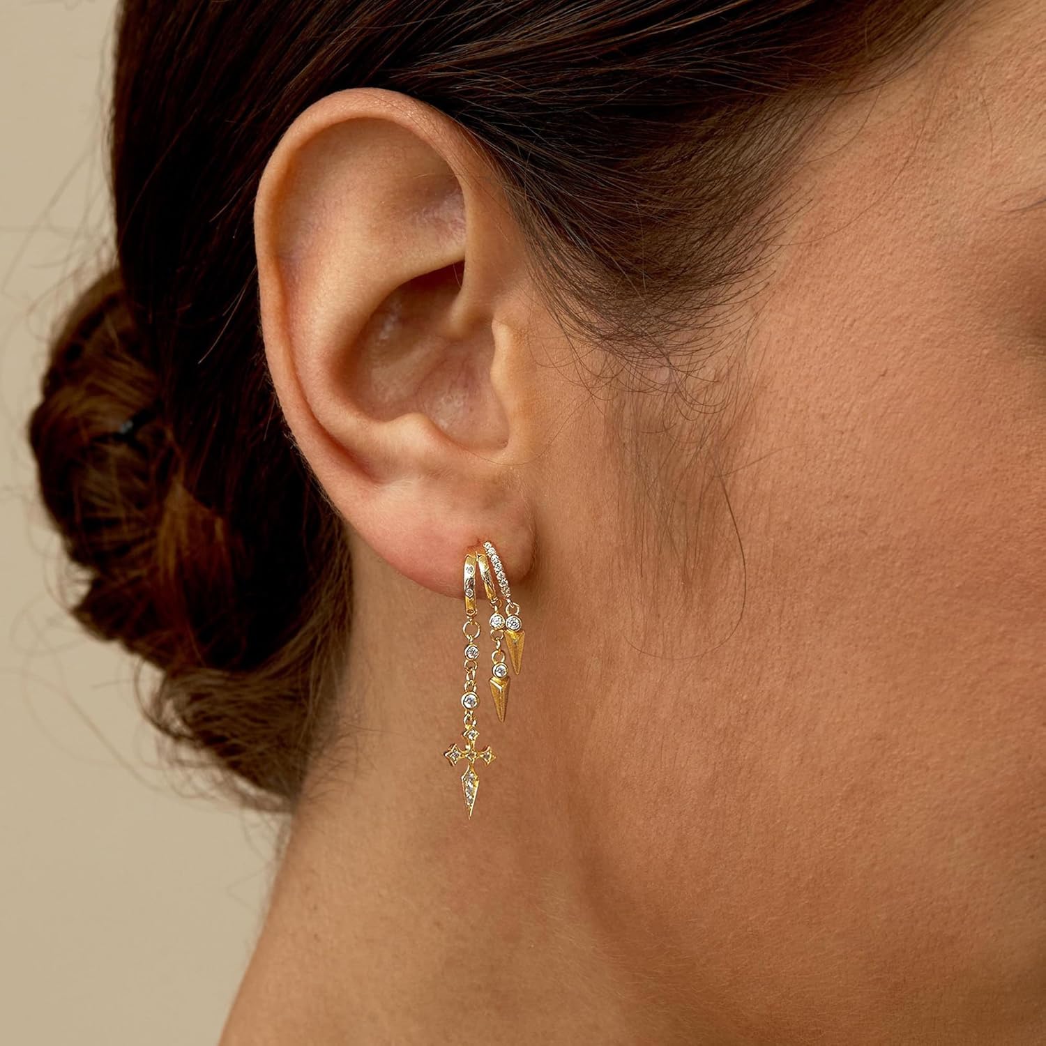 Dangle Earrings For Women,Dainty 14K Gold Plated Hypoallergenic Small Triple Huggie Hoop Earring Gothic Cute Cross Moon Star Drop Earrings For Women Trendy Gold Statement Stud Earring Jewelry - Image 7