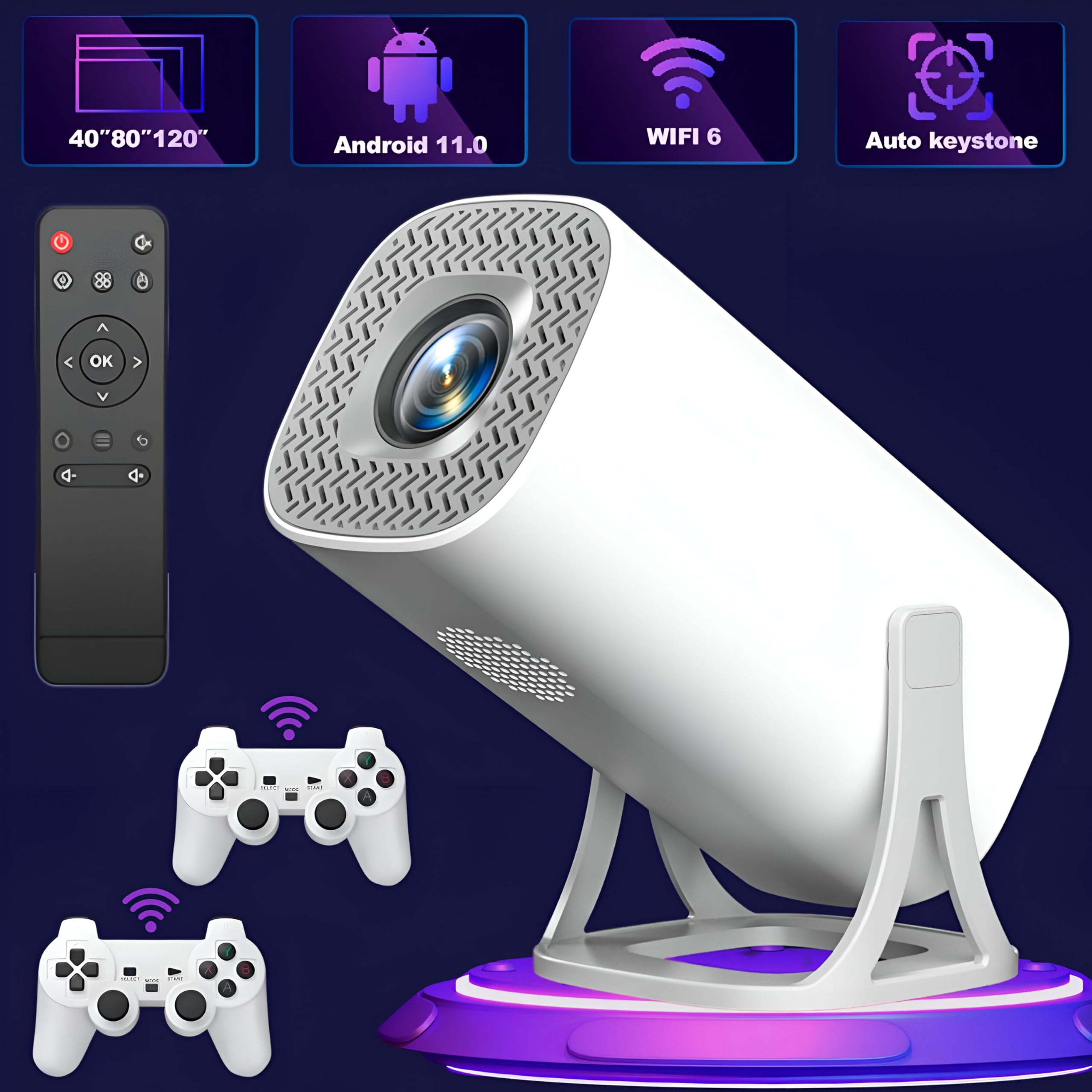 Proyector Consola Retro Integrada con más de 30.000 Juegos - Incluye 2 Mandos Inalámbricos - Android 11 y WiFi 6 - Tarjeta Memoria 64 GB - Calidad HD 1080Px720P con Soporte 4K - Enchufar y Listo
