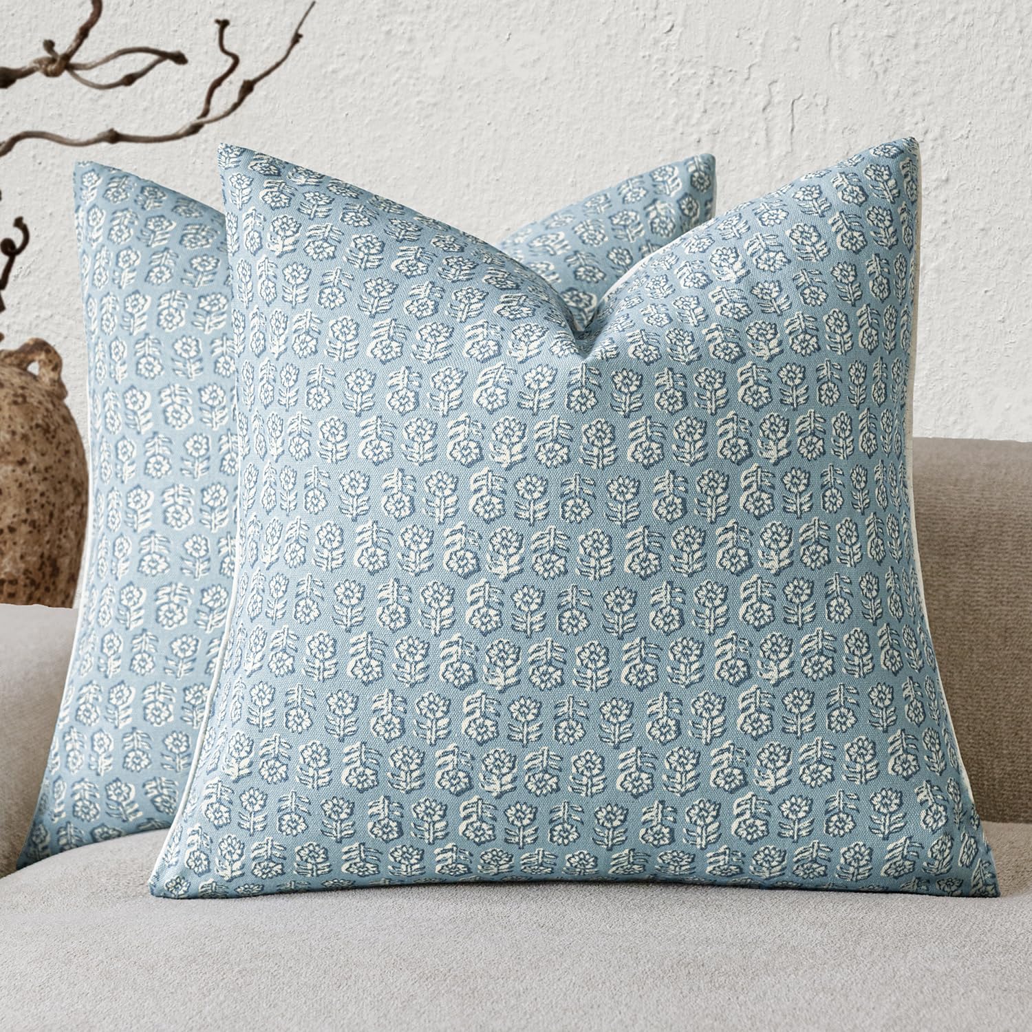 Foindtower Decorative Floral Print Throw Pillow Covers 18×18 Inch,Sky Blue