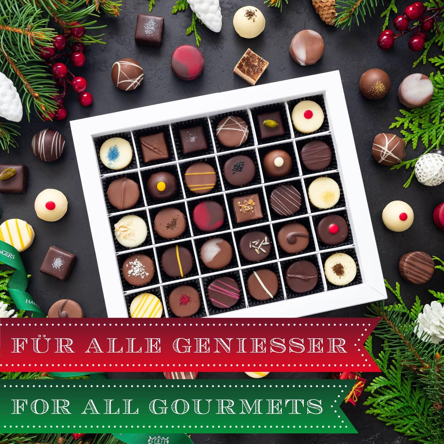 Hallingers Genuss Manufaktur Pralinen Weihnachts-Geschenk - mit & ohne Alkohol, handmade aus Confiserie-Edelkakao in wertiger XXL-Geschenkbox "Frohe Weihnachten", Weihnachten für Jäger