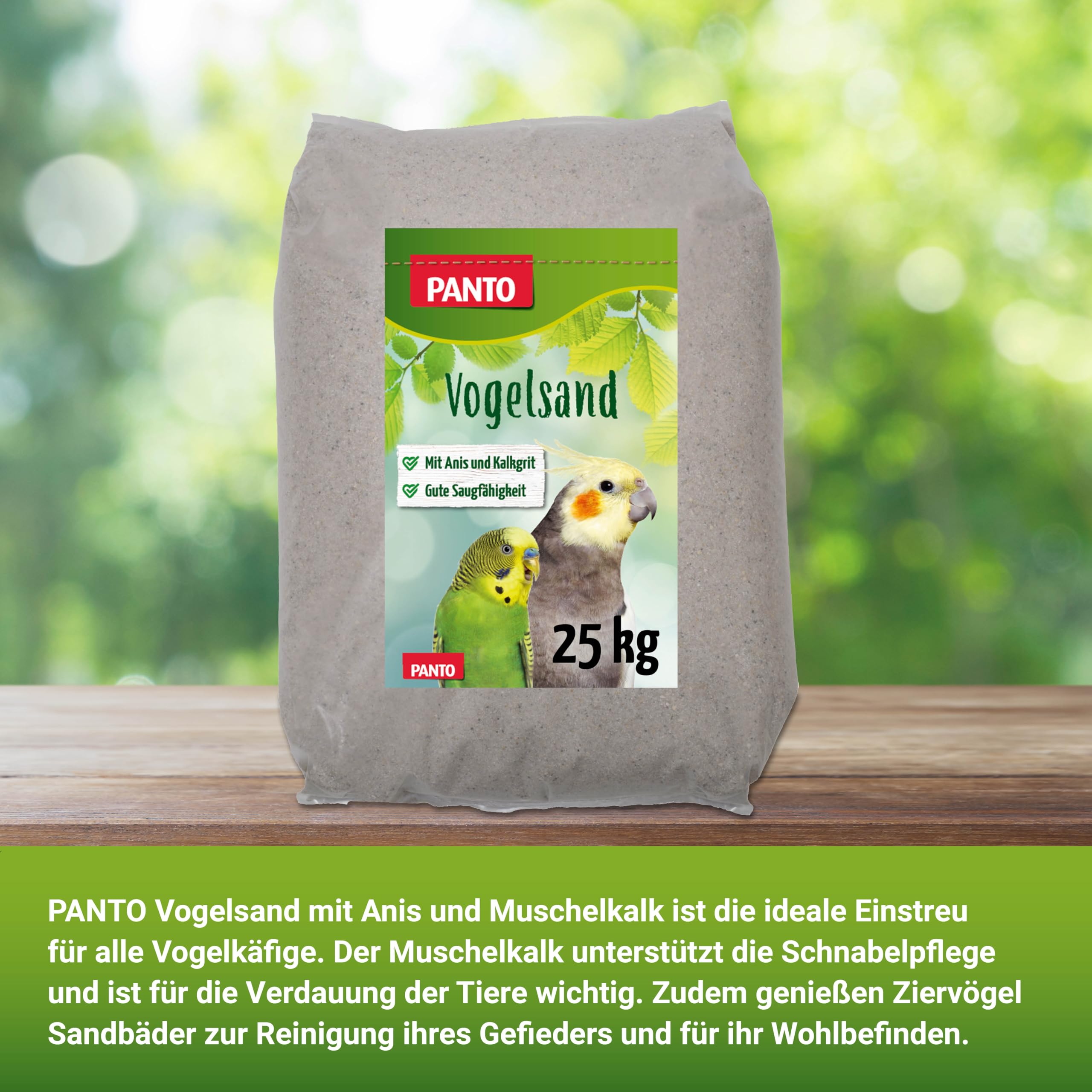 PANTO Vogelsand mit Anis und Muschelkalk, 25 kg – artgerechte Einstreu für Vogelkäfige von Wellensittichen, Papageien, Ziervögel
