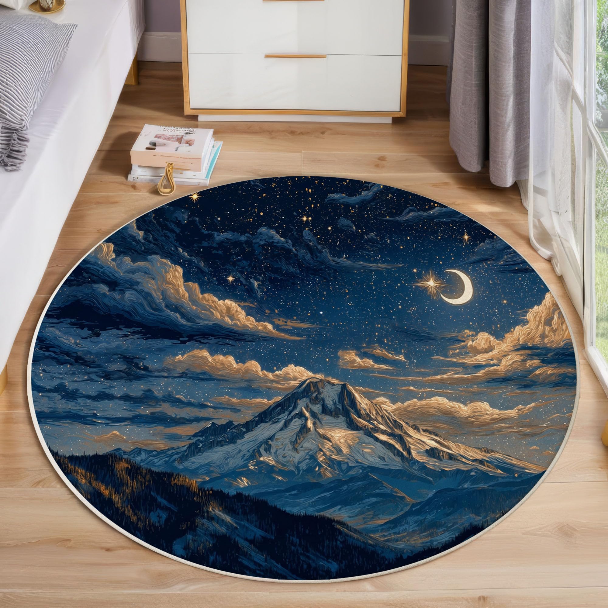 Tapis Rond Lavable Antidérapant Vue Scintillante Sous Un Ciel Étoilé | Magnifique Montagne Enneigée Rond Tapis 160 Cm Doux Poil Ras Pour Salon Chambre, Bleu Foncé Moquette Circulaire Décoration
