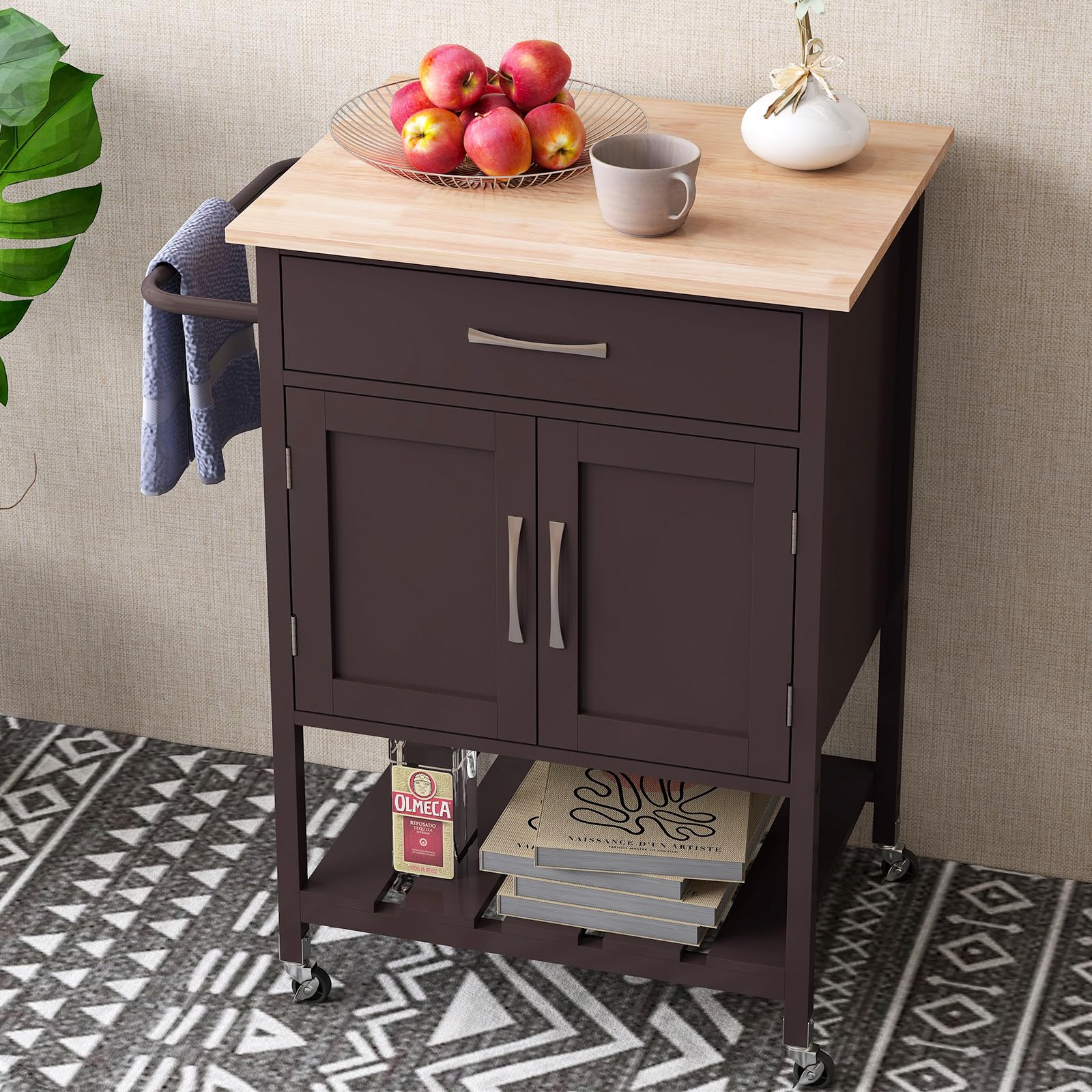 KOMFOTTEU Chariot de Cuisine, 1 Tiroirs & 1 Armoire à Porte, Desserte de Service avec Plan de Travail en Bois Massif, Desserte à roulettes, Plateau inférieur, 73 x 48 x 90 cm (Marron)