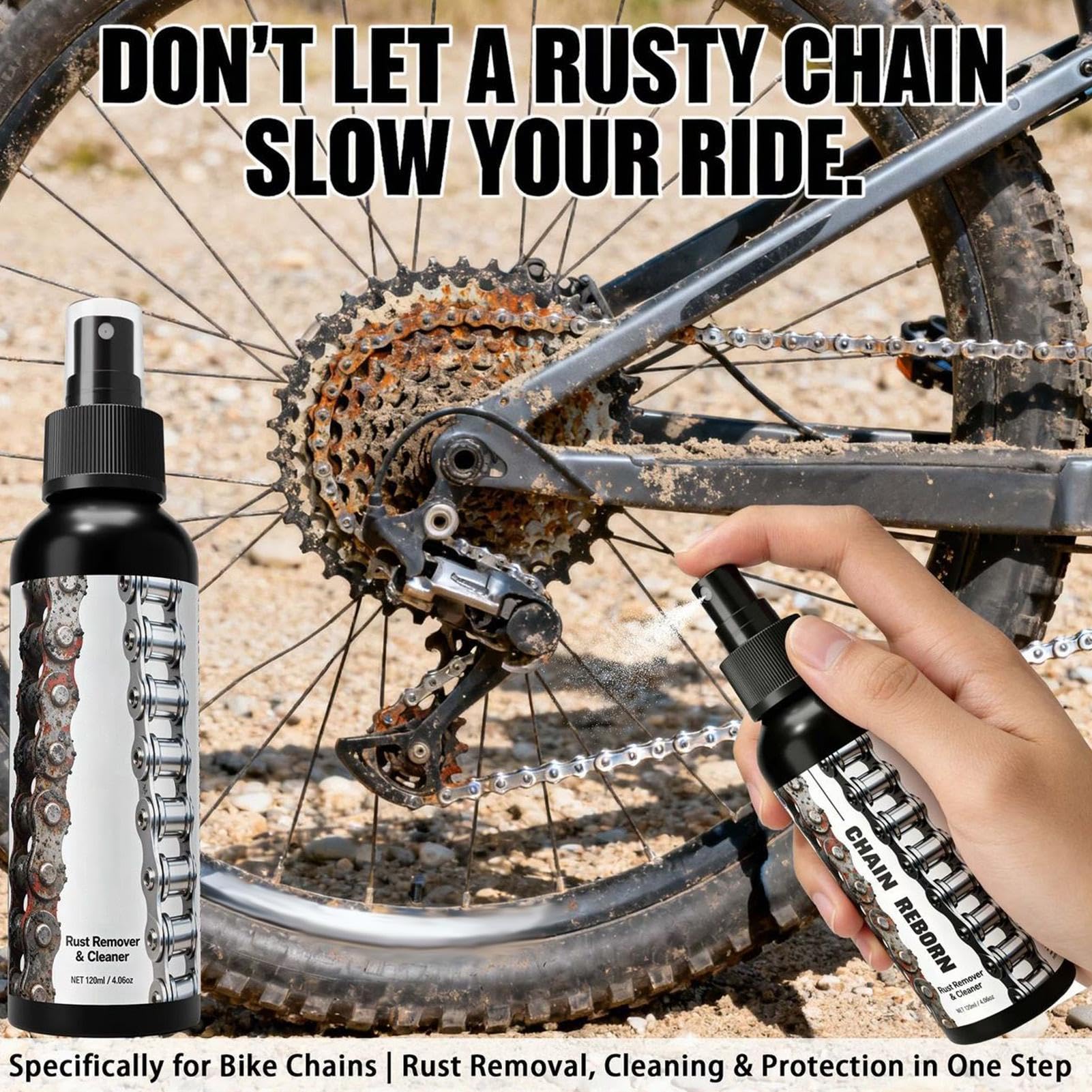Środek do usuwania rdzy łańcucha rowerowego, środek do pielęgnacji roweru, butelka z rozpylaczem do czyszczenia łańcucha, dla rowerzystów, rowerzystów, dojeżdżających do pracy, na wycieczki, wycieczki