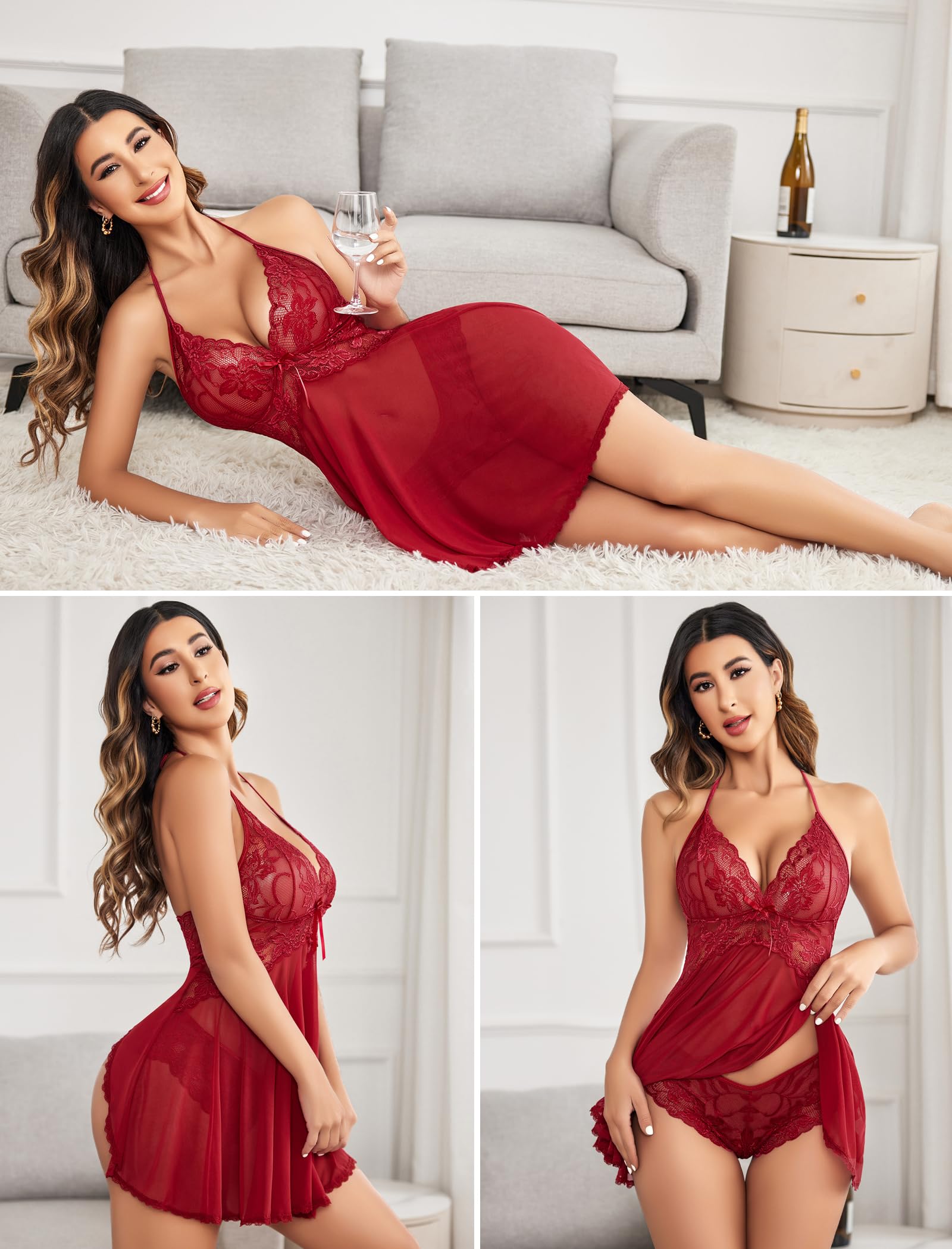 GXNRHG Lingerie pour Femmes Dentelle Nuisette Licou Chemise col en V Chemise de Nuit vêtements de Nuit Sexy Chemise de Nuit