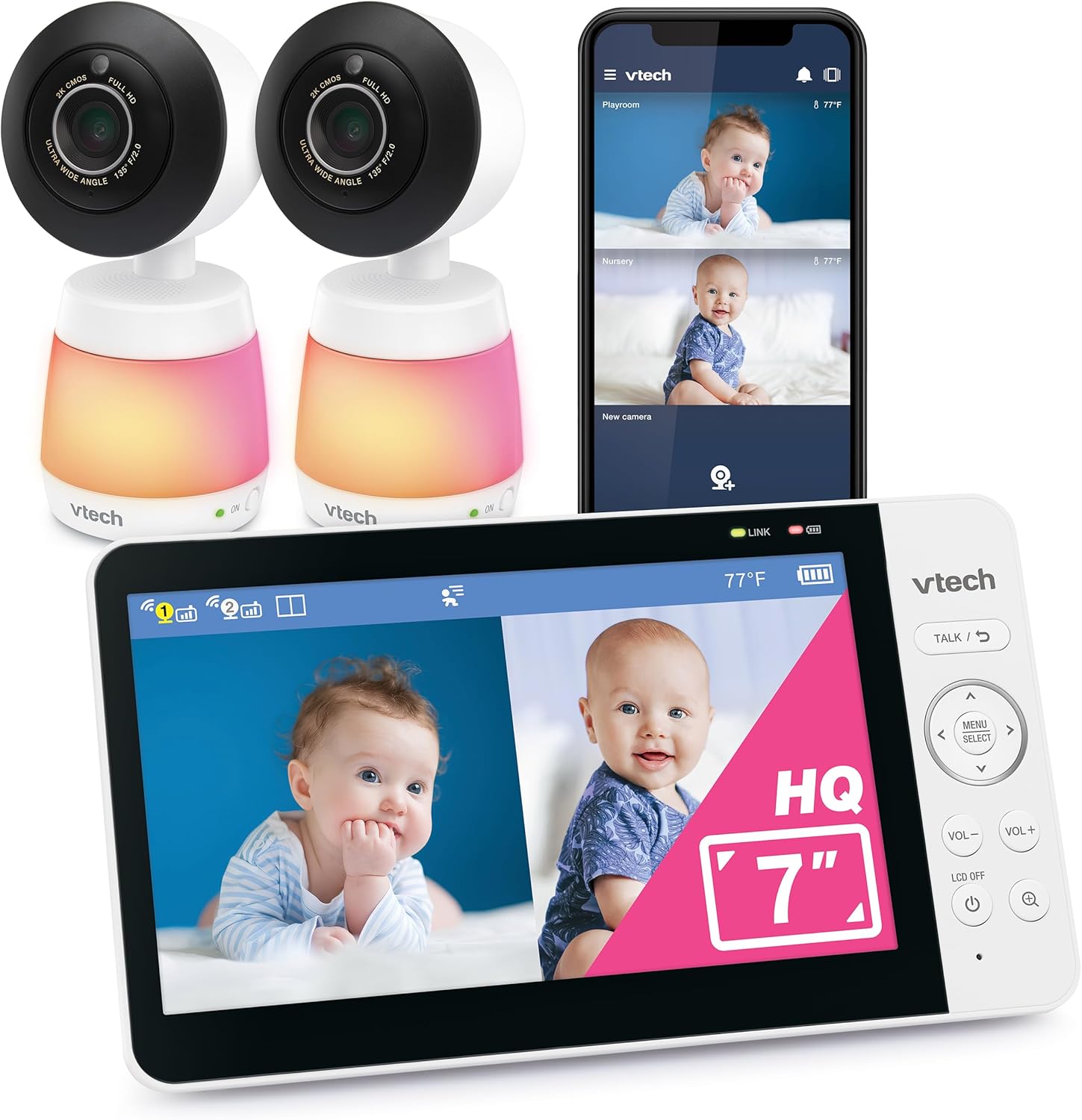 VTech Smart WiFi Baby Monitor with 2 Cameras - 1080p FHD Dual Room Split Screen, 7" IPS Display, Pan Tilt Zoom, Free App No Subscription, Motion Sound Temperature Alerts – Smart HQ Max Twin