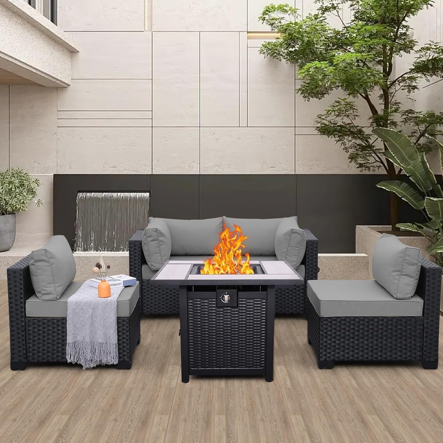 5 Piece Outdoor Patio Furniture Set Black Rattan Conversation Couch Resin Wicker Sectional Sofa Outside Chair with Propane Fire Pit Table for Backyard Porch Balcony(Khaki)