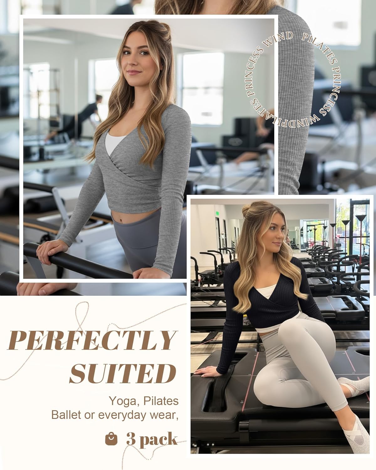 3 Pack Women's Cross Wrap Tie Top Long Sleeve Cotton Slim Fitted Ribbed Yoga Shirt Pilates Ballet Workout Blouse