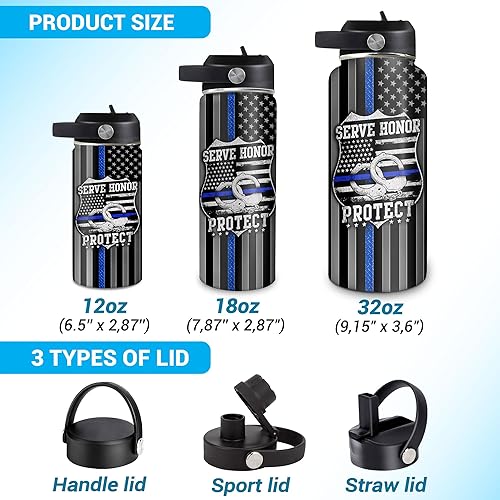 Vista 35 de Hyturtle Botella de agua personalizada de policía, botella de acero inoxidable aislada de 18 onzas, 32 onzas, bandera de línea azul fina, regalo