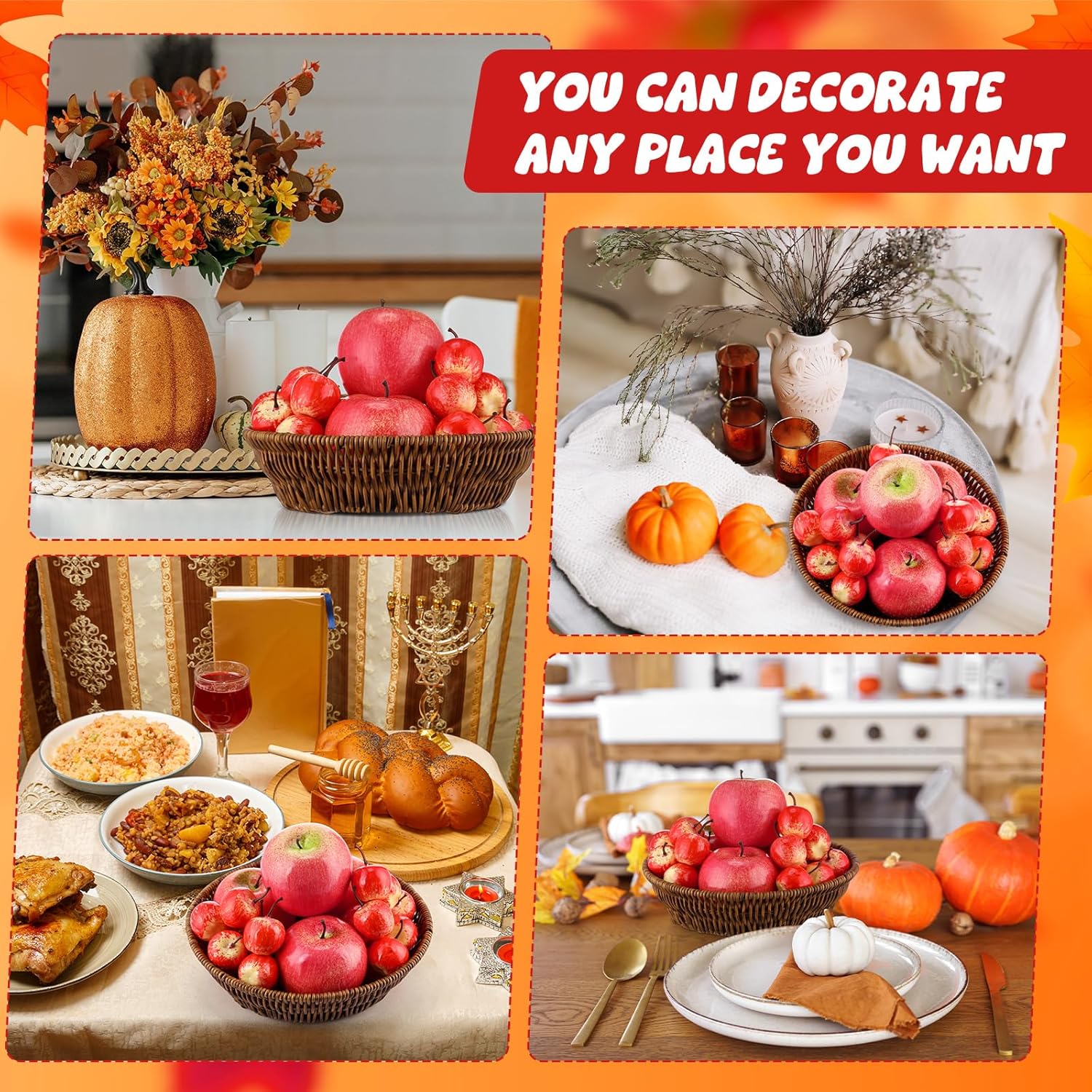 Wavwavw 30 Pcs Fake Apples with Woven Basket Fall Artificial Red Apples for Autumn Harvest Decoration, Photography Props, Kitchen Table Centerpiece, Wreath DIY Crafts(2 Sizes)