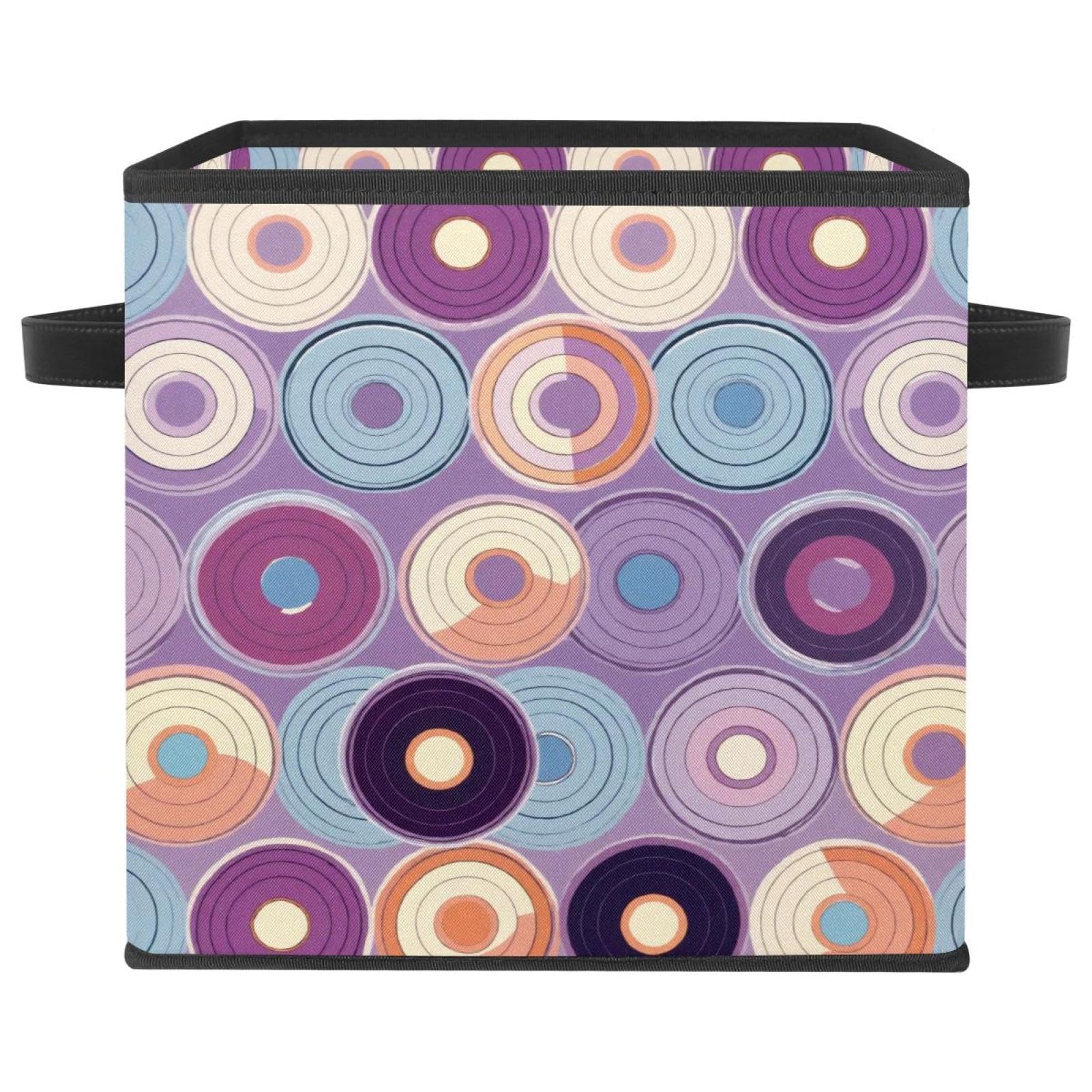 Grand bac de rangement cube en cuir et tissu à disques violets pour étagère chic