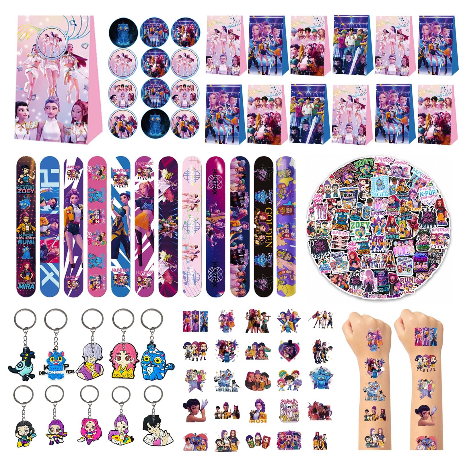 Sinmaklin 124 Pcs Party Bag Fillers, Bulk Kids Birthday Gift Set - 12 Bags, 25 Tattoos, 10 Keyrings, 65 Stickers, 12 Snap Bracelets