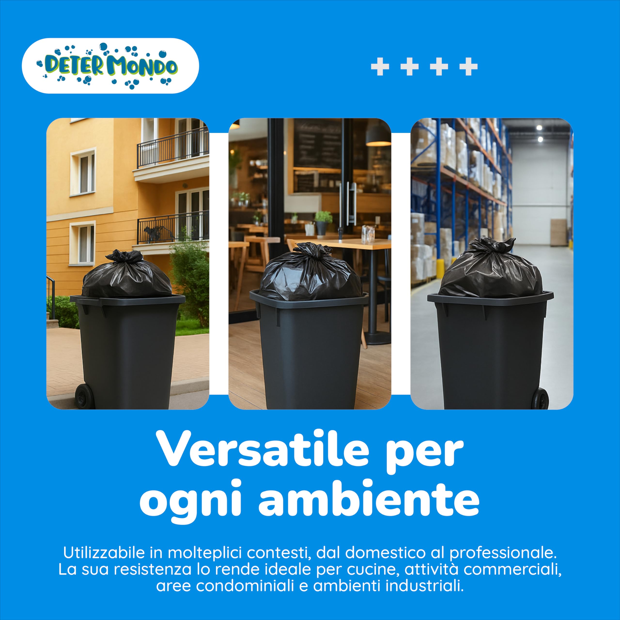 DETERMONDO 160 Sacchi Spazzatura Grandi 90x120 cm, Sacchi Neri per Rifiuti, Capacità di 120L, Resistenti, Riciclabili, Antistrappo e Antigoccia, Ecosostenibili, Made in Italy, 4 Rotoli da 10 pezzi