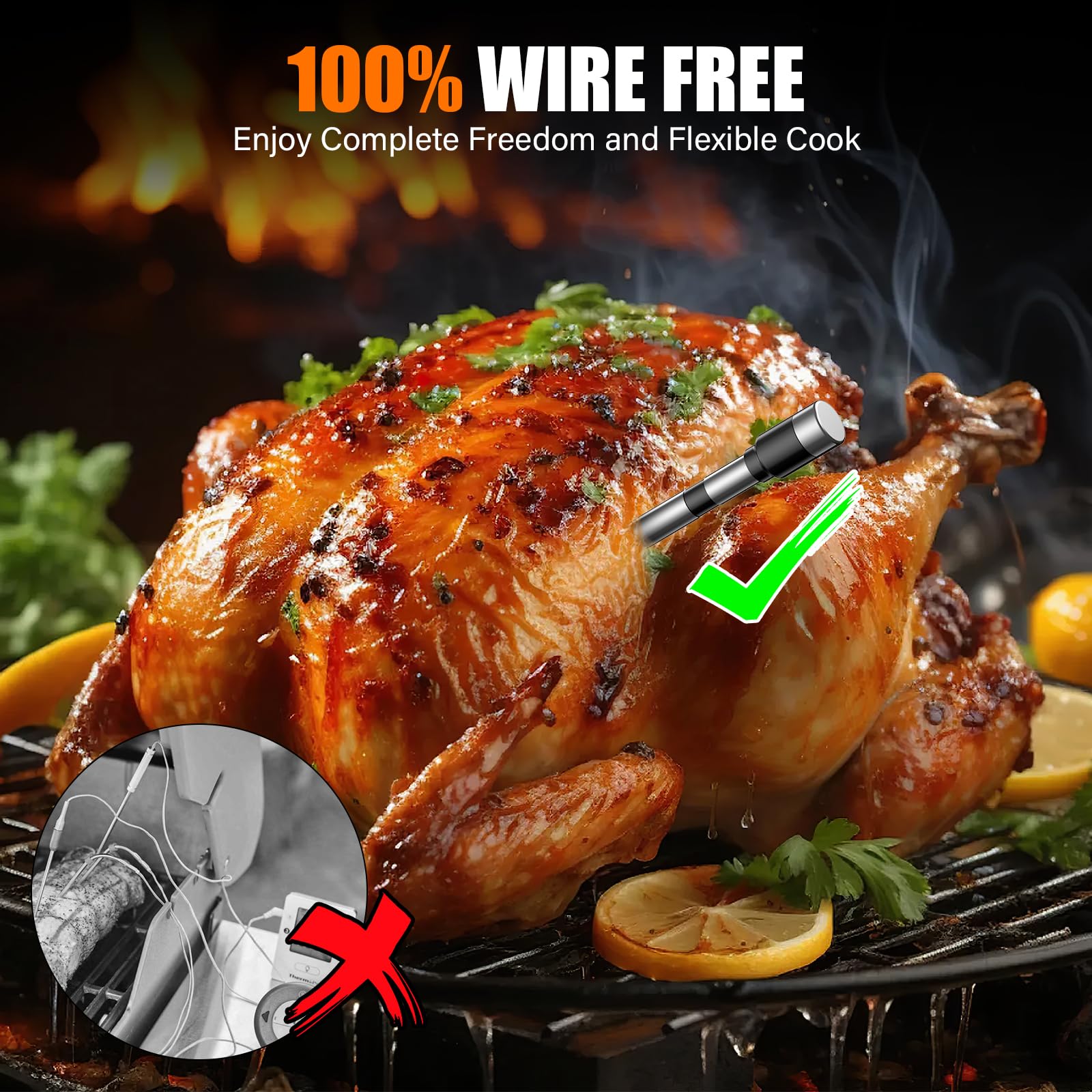 Termometro Carne, Termometro BBQ Wireless con APP, IP67 Impermeabile Termometro Barbecue per Forno, Griglia, Cucina, Girarrosto