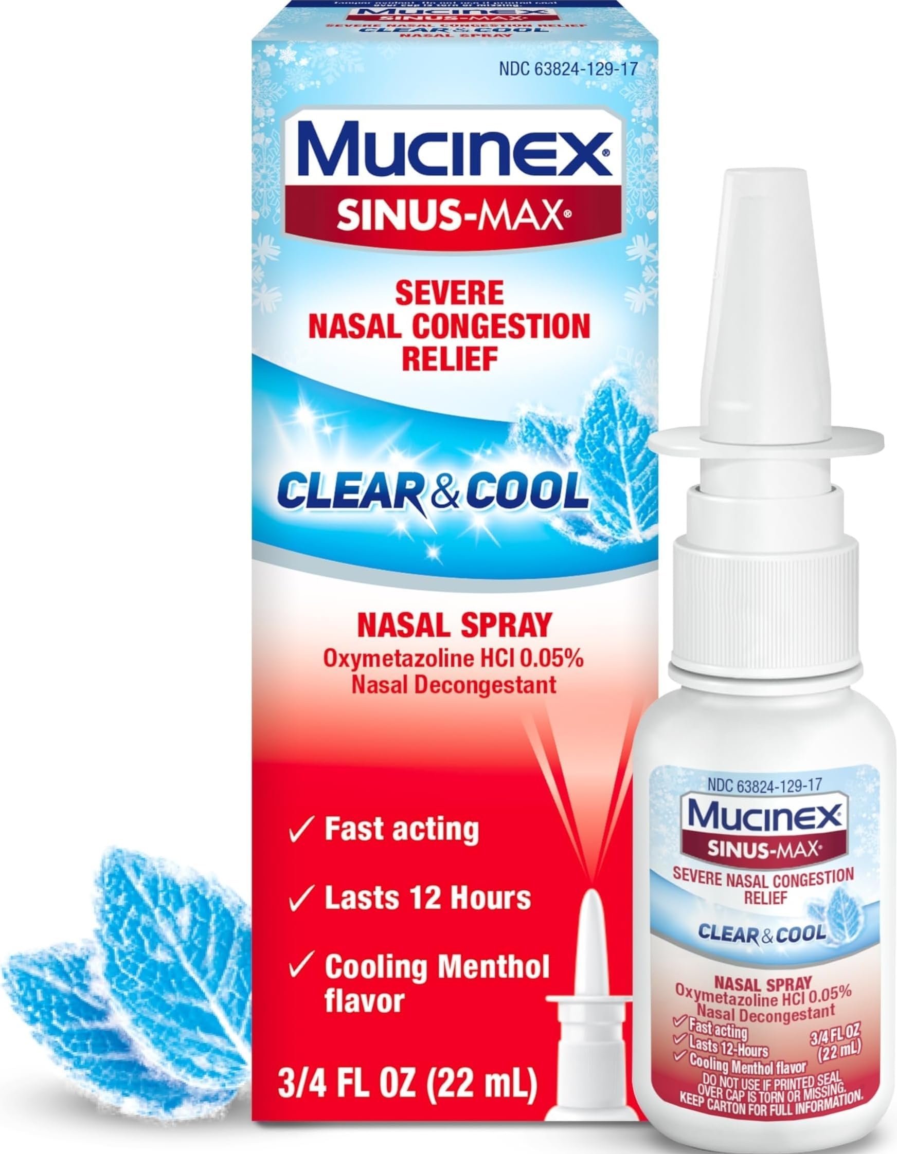 Mucinex Sinus-Max Nasal Spray Decongestant, 12 Hour Over-The-Counter Medication Nose Spray for Sinus Relief, Nasal Decongestants for Adults & Sinus Congestion, Clear & Cool 3/4 Fl Oz(22ML)