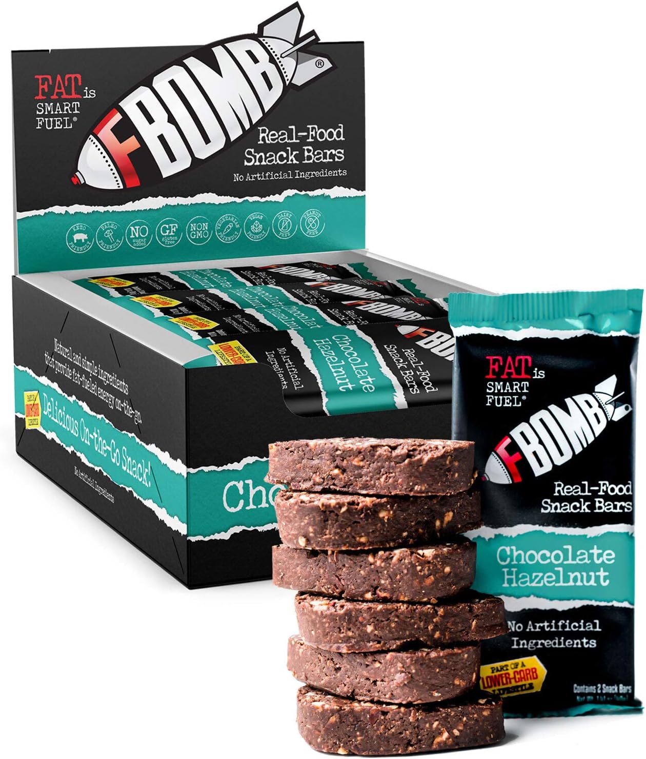 FBOMB Real Food Snack Bars: Clean, Low Carb, Natural Ingredients | Paleo & Keto Snack Bar | Gluten Free, Dairy Free, Non-GMO | Chocolate Hazelnut - 12 Pack (24 Servings)