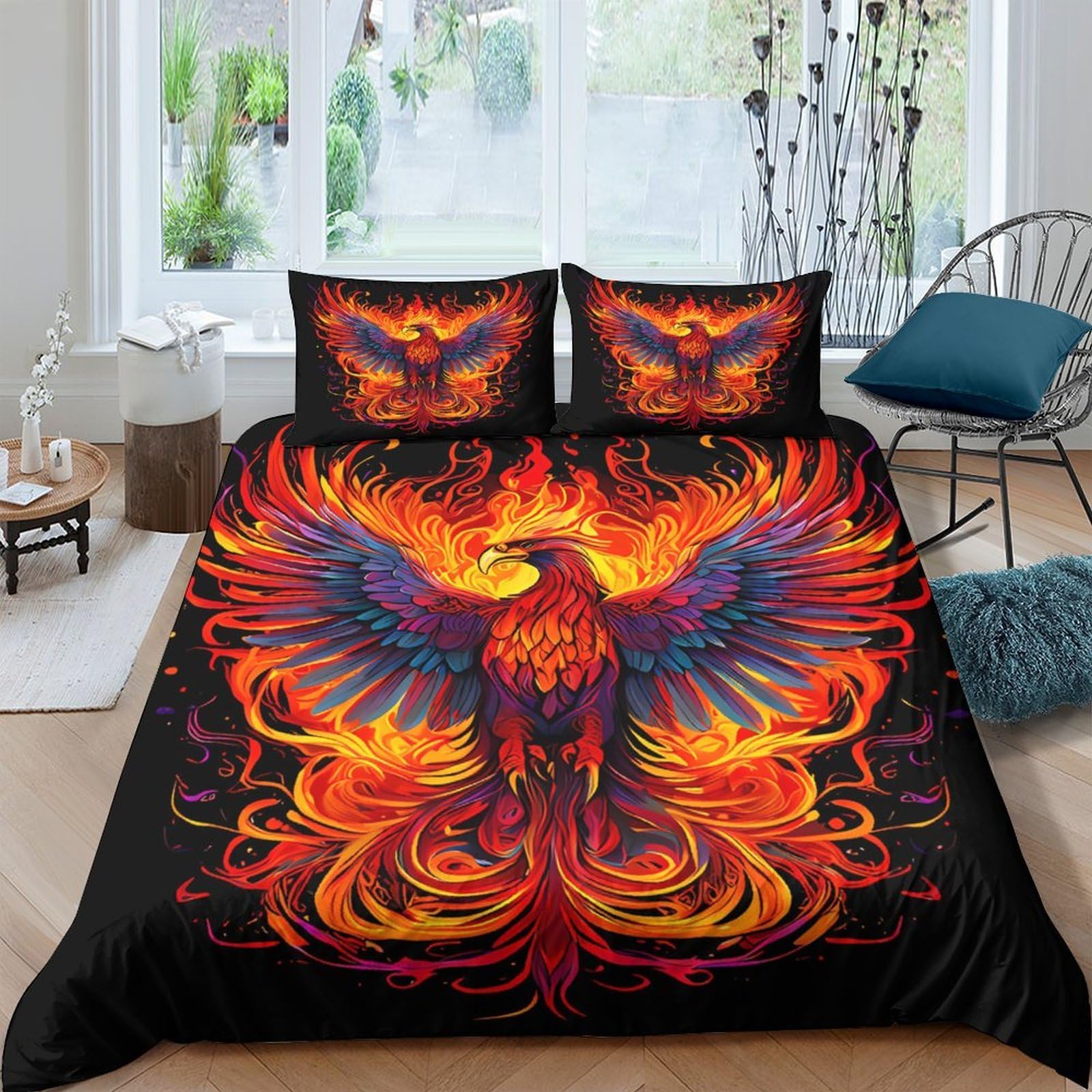 Ctjqhvkz Style-3 3D Printed Fire Phoenix Fitted Sheet Microfiber Orange Black Mythical Bird Mattress Cover Bedroom Home Decor Single（135X200cm）