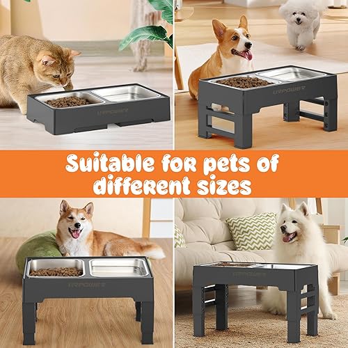 Miniatura 7 de URPOWER Cuencos elevados para perros, soporte elevado ajustable de 4 alturas con 2 cuencos grandes de acero inoxidable para alimentos y agua para