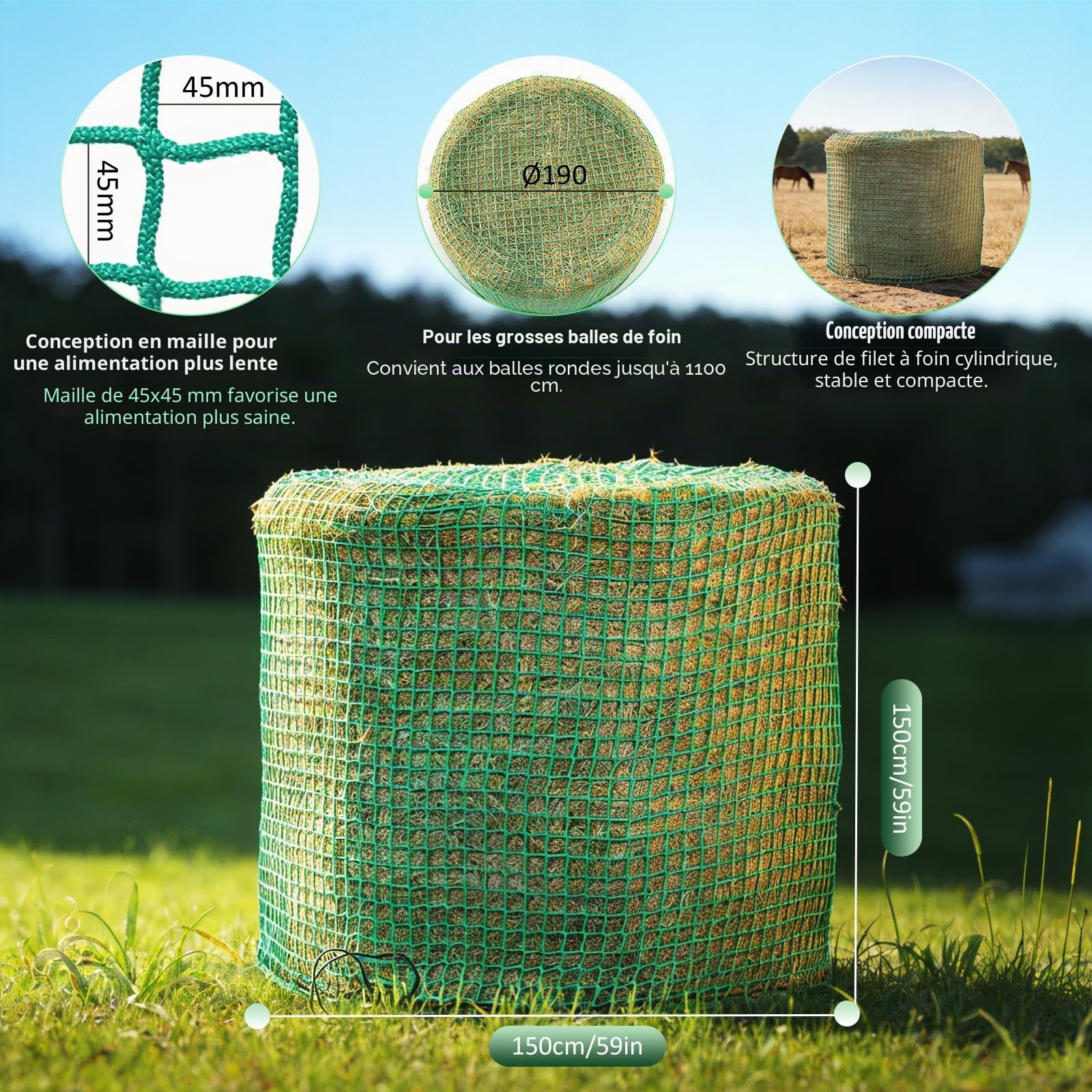 Filet à Foin pour Balles Rondes, Ø 150 cm Hauteur 150 cm Grand Filet à Foin pour Chevaux Filet à Foin à Mailles Fines 5 x 5 cm Filet Robuste pour Balles Rondes avec Sac Rangement