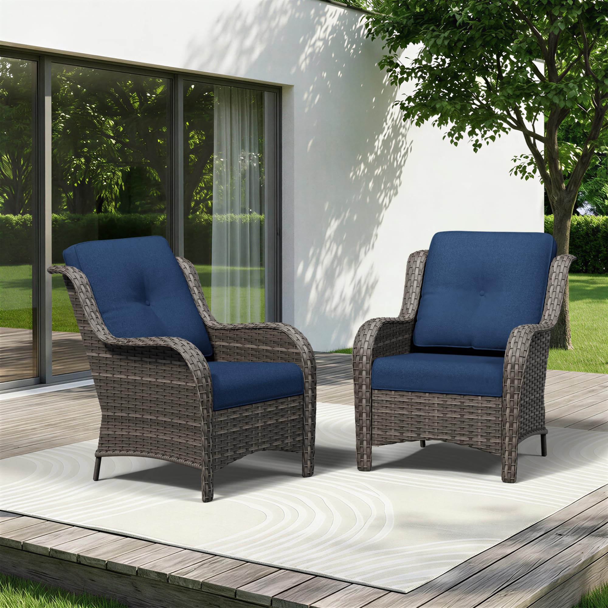 Gardenbee Patio Chairs Set of 2, Outdoor Wicker Patio Furniture Set with Thickened Olefin Cushions, High Back and Deep Seating, Wide Curved Armrest