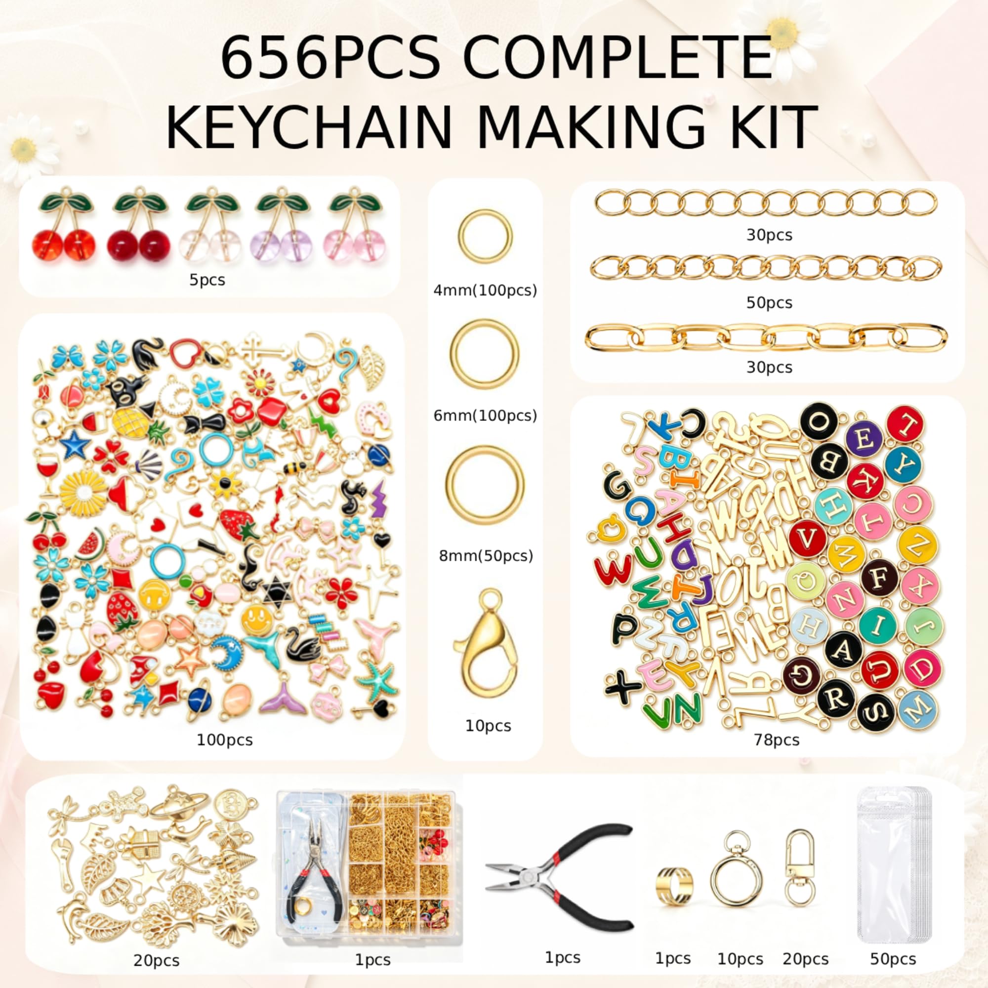 MOONONE Kit di 656 portachiavi dorati, lucidalabbra con ciondoli, ganci portachiavi, anelli di salto, catene, pinze, scatola organizer e sacchetti regalo, kit fai da te per zaini e accessori