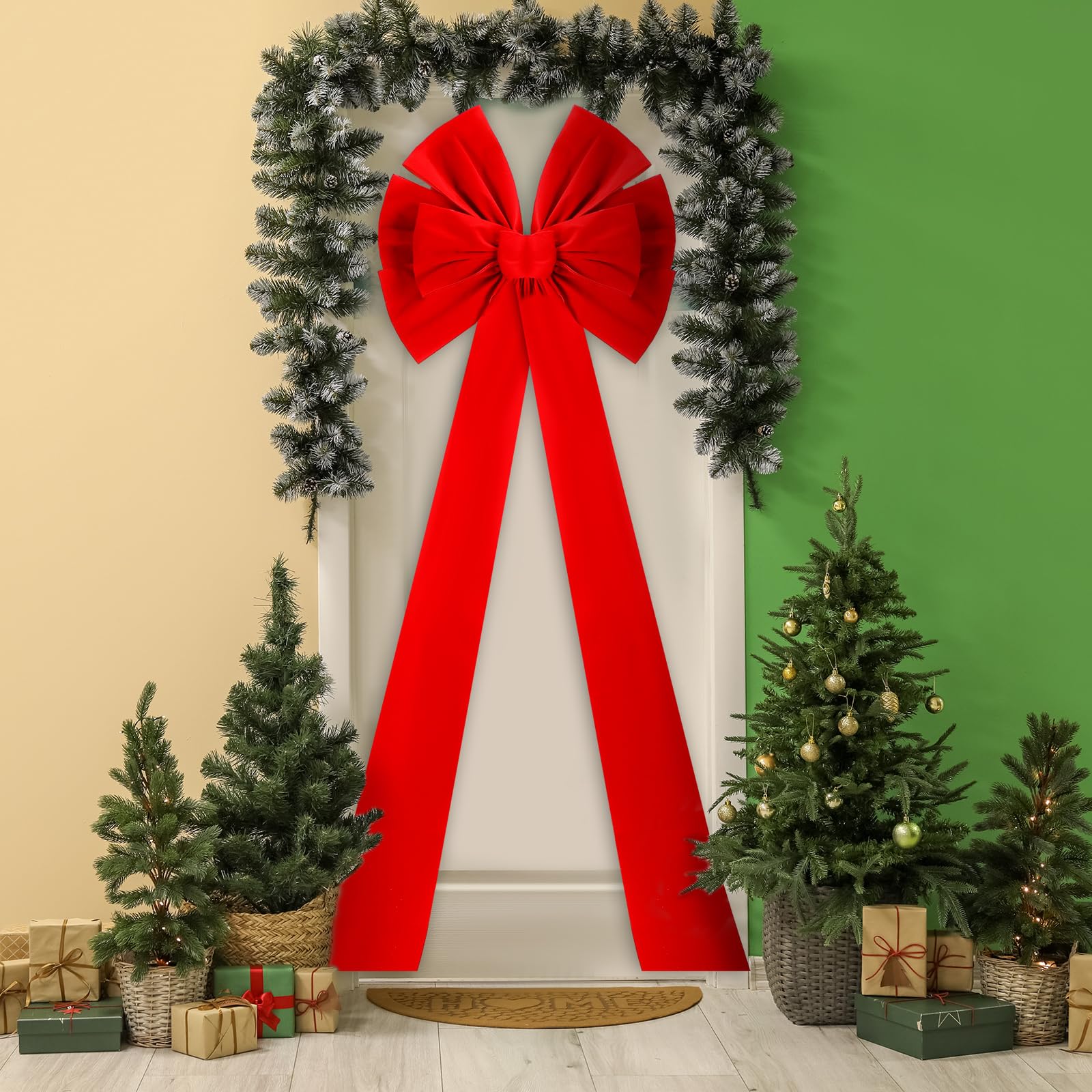 Hungdao Cimier de Sapin de Noël Extra Large – Nœuds géants en Velours avec Longs serpentins – Nœuds décoratifs surdimensionnés pour Sapin de Noël, Porte d'entrée, terrasse et décoration extérieure