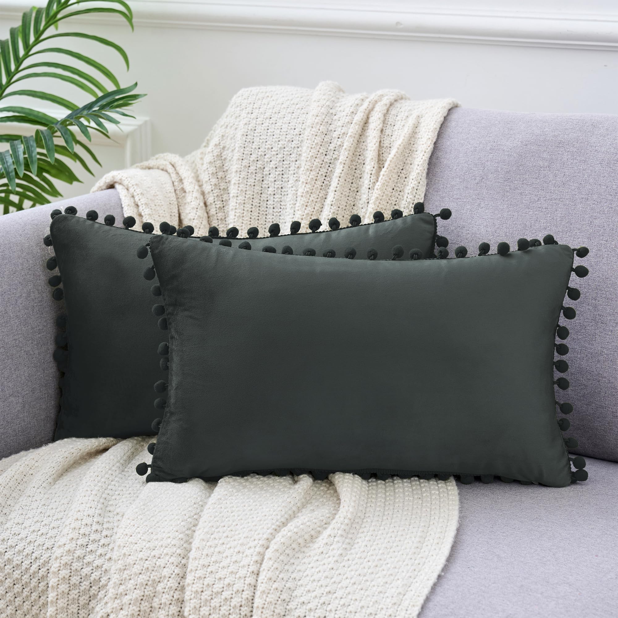 Uxcell Pack of 2 Velvet Throw Pillow Covers with Pompoms Decorative Pillow Cases Fringe Cushion Covers Velvet Square Sham for Farmhouse Bedroom Living Room Dark Gray 30 x 50 cm