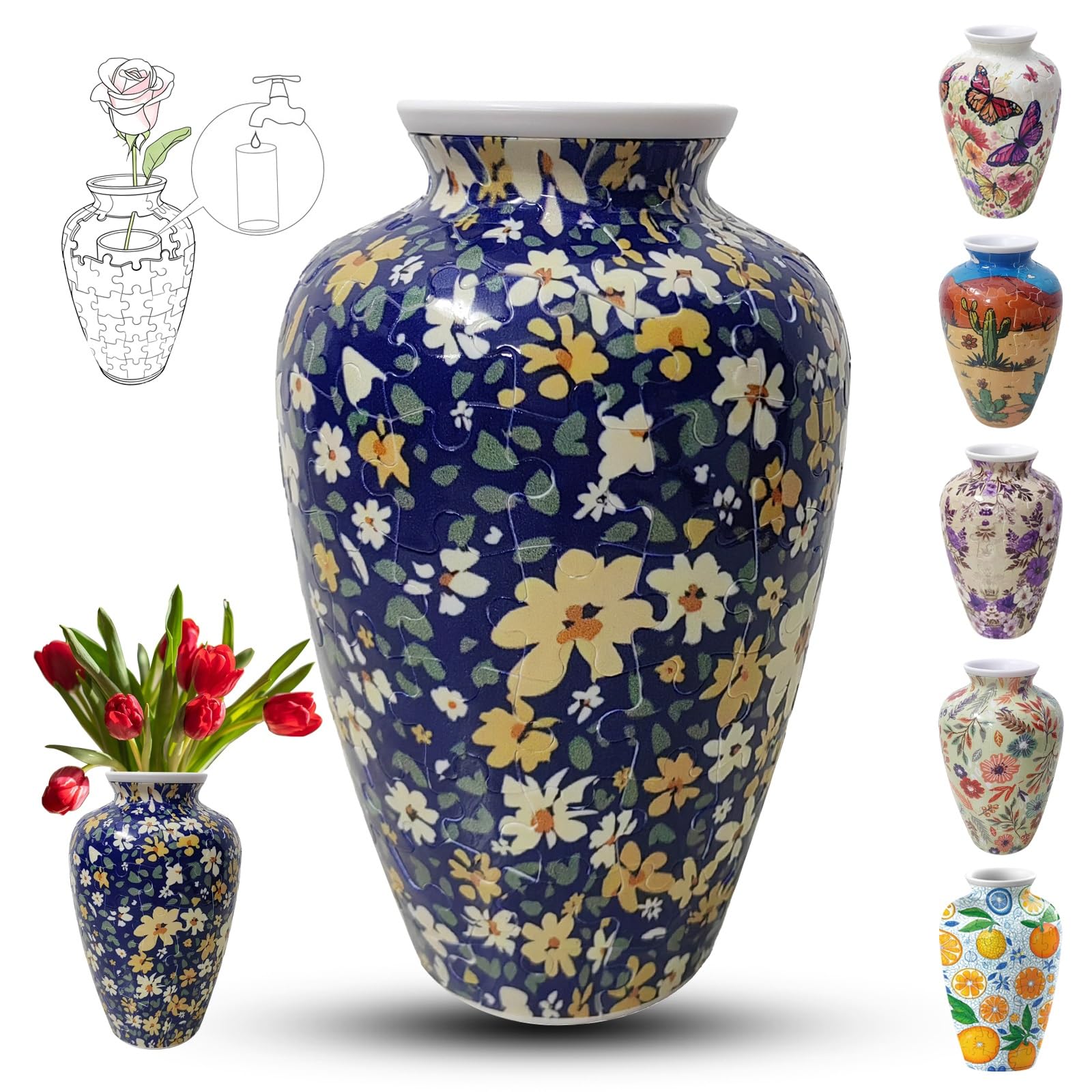 Adults 3D Jigsaw Vase, 120 Pieces, DIY Jigsaw Puzzle, 3D curved puzzle with water column, perfect for displaying real or artificial flowers and flower arrangements(Patchwork flowers)
