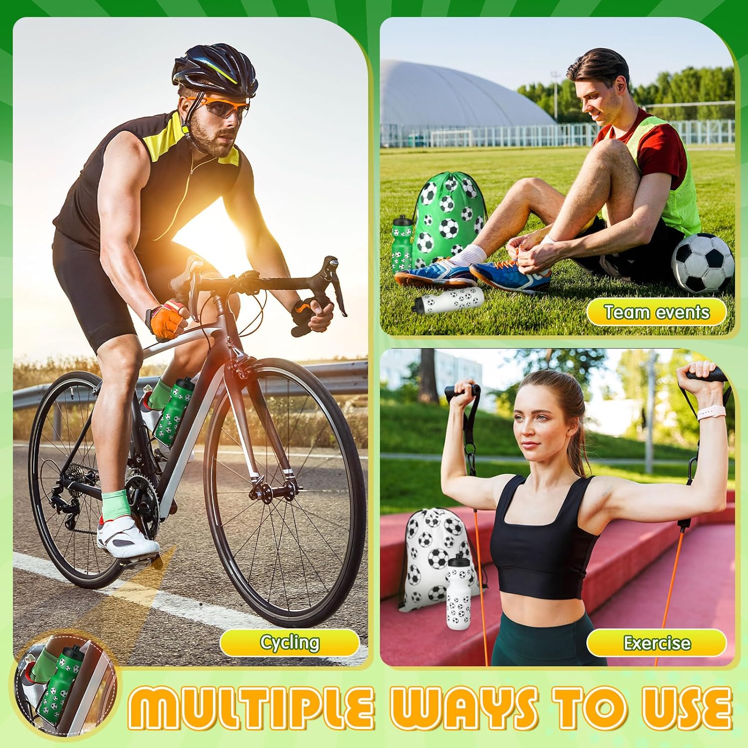 24 Pcs 24 Oz Soccer Water Bottle Bulk Drawstring Bag and 50 Sticker Set Include 12 Soccer Theme Squeeze Water Bottle 12 Drawstring Backpack for Team Gifts Sport Events Party Favors