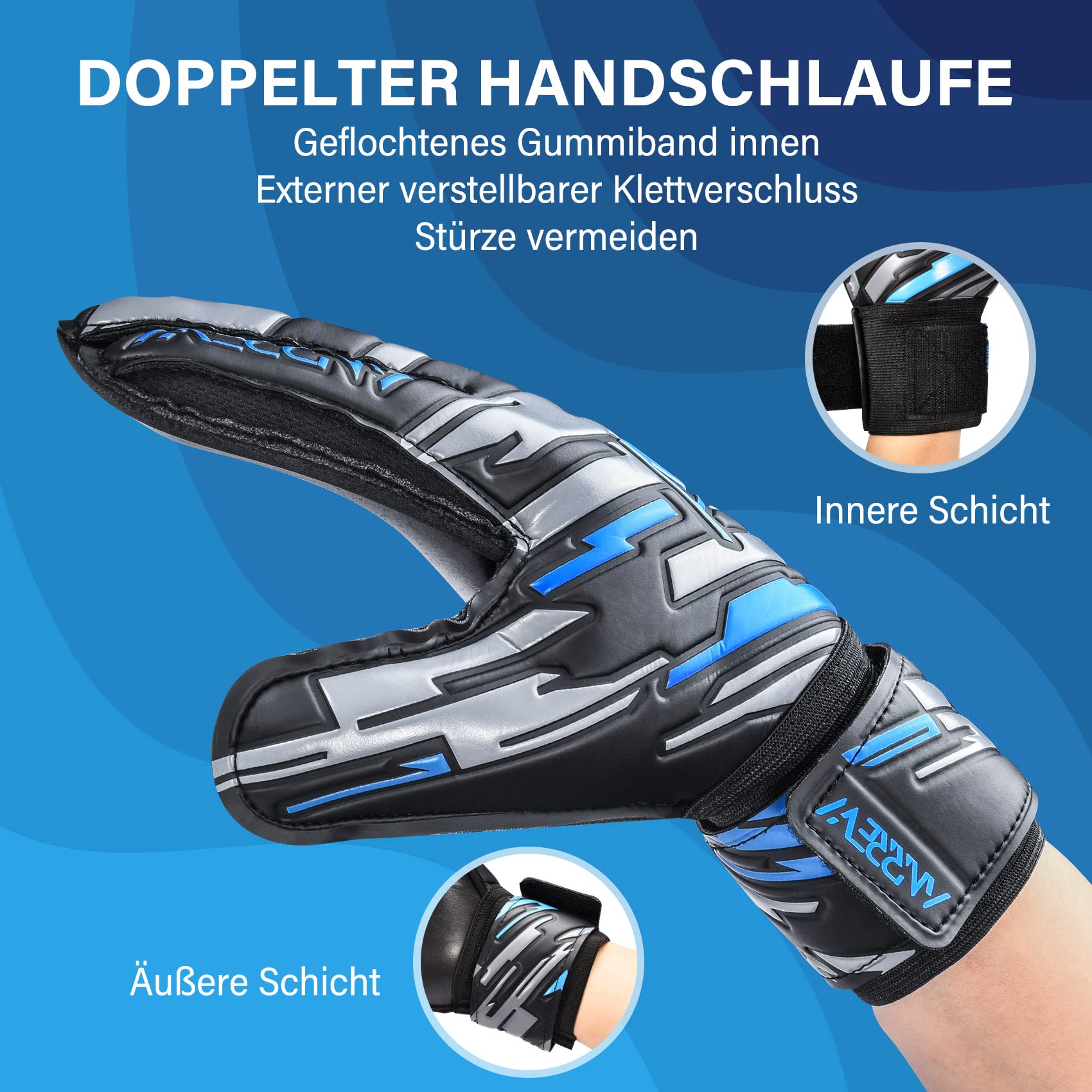 Fußball Torwarthandschuhe mit Fingerschutz und doppeltem Handgelenkschutz. Torwarthandschuhe Sorgen für Extreme Starke Kontrolle und Griffigkeit. Für Jugendliche, Kinder und Erwachsene