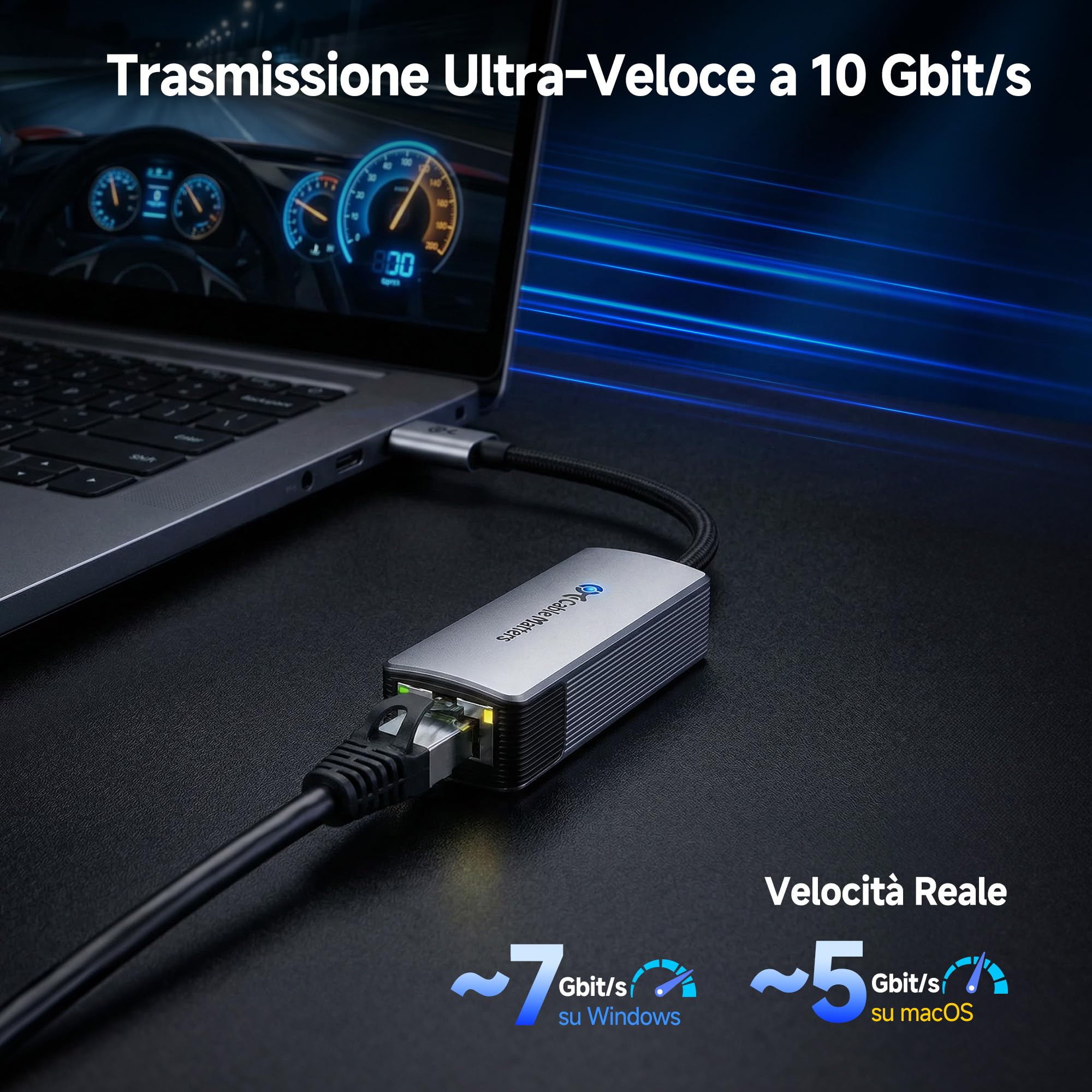 Cable Matters Adattatore USB-C a Ethernet 10Gb in alluminio | E USB4 / Thunderbolt 5 a RJ45, Silenzioso e fresco, Reale Geschwindigkeit: Circa Windows / circa macOS