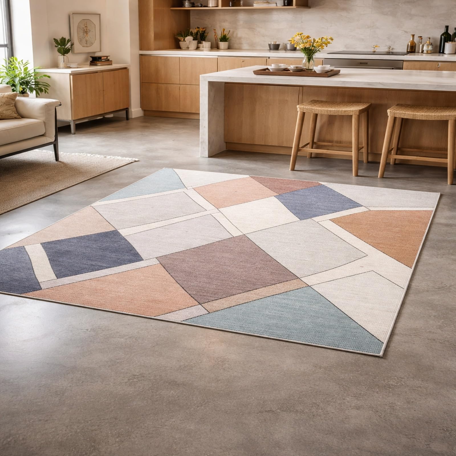 Tapis de chambre adulte 180x230cm bleu géométrique facile à nettoyer pour salon moderne