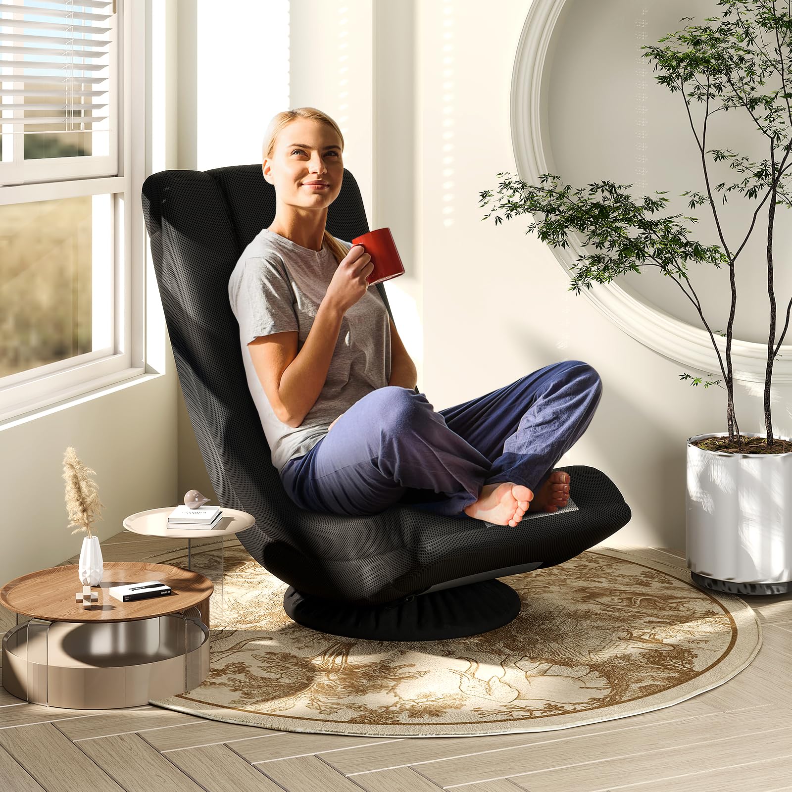 COSTWAY Silla de Suelo Giratoria 360°, Silla de Juego con Respaldo Ajustable en 4 Posiciones, Sofá Perezoso con Soporte Integral, Base de Metal, Silla de Piso para Lectura y Videojuegos (Gris)
