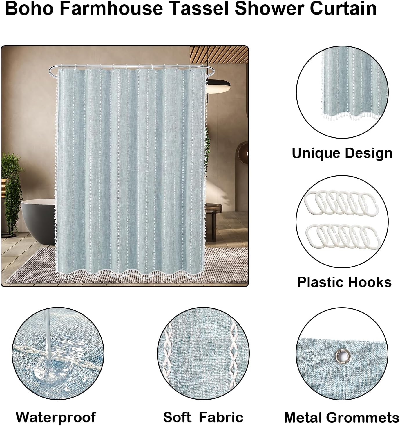 YOSTEV Boho Farmhouse Shower Curtain, Blue Shower Curtains for Bathroom Decor, Modern Linen Blend Fabric Vintage Rustic Country Tassel Weighted Design, Thick Waterproof Cloth, 72 x 72 Inch