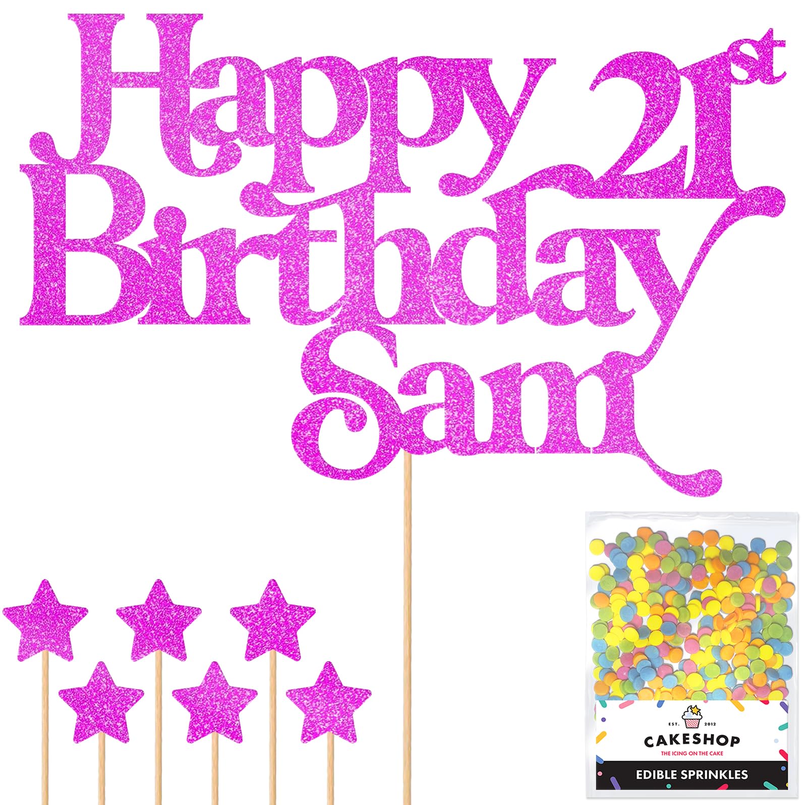 Personalised Happy Birthday Glitter Cake Topper - Pink Any Name & Any Age Glitter Cake Decoration and Sprinkles - Happy Birthday Decorations - Personalised Toppers for Cakes by Cakeshop