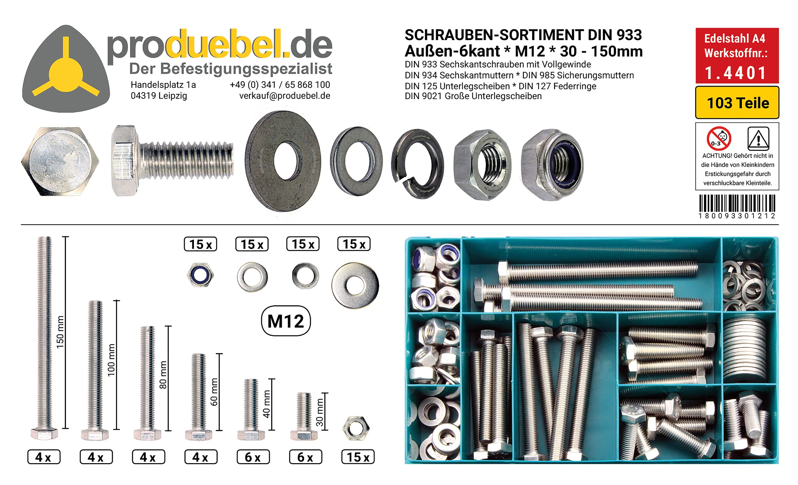 Sortiment Sechskantschraube Gewinde bis Kopf DIN 933 Edelstahl A4 V4A inkl. Schraube+Mutter+Stoppmutter+U-Scheibe+Federring+Große U-Scheibe (DIN933+934+985+125+127+9021) (M12 103 Teile)
