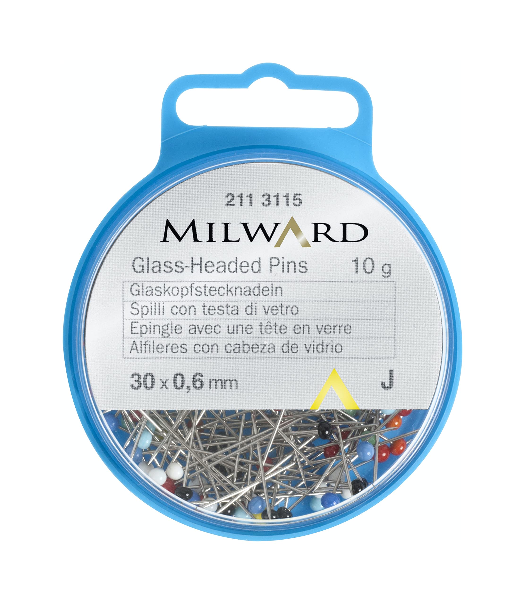MILWARD Straight Sewing Pins, Glass Headed, Steel, Silver/Assorted, 30mm, 10g