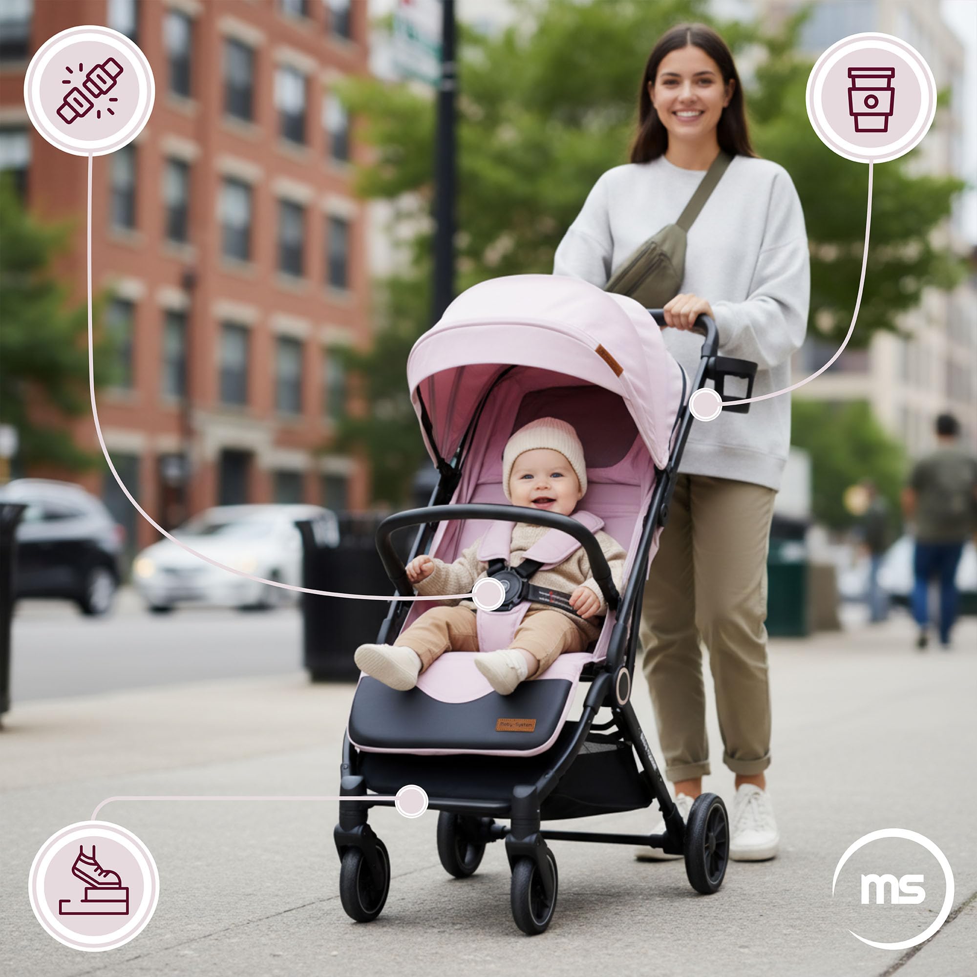 Moby-System LENA PINK PRO Poussette Canne avec Fonction Valise, Légère et Compacte 6–48 Mois, Roues EVA avec Suspension, Capote XXL, Pliage à Une Main, Rose