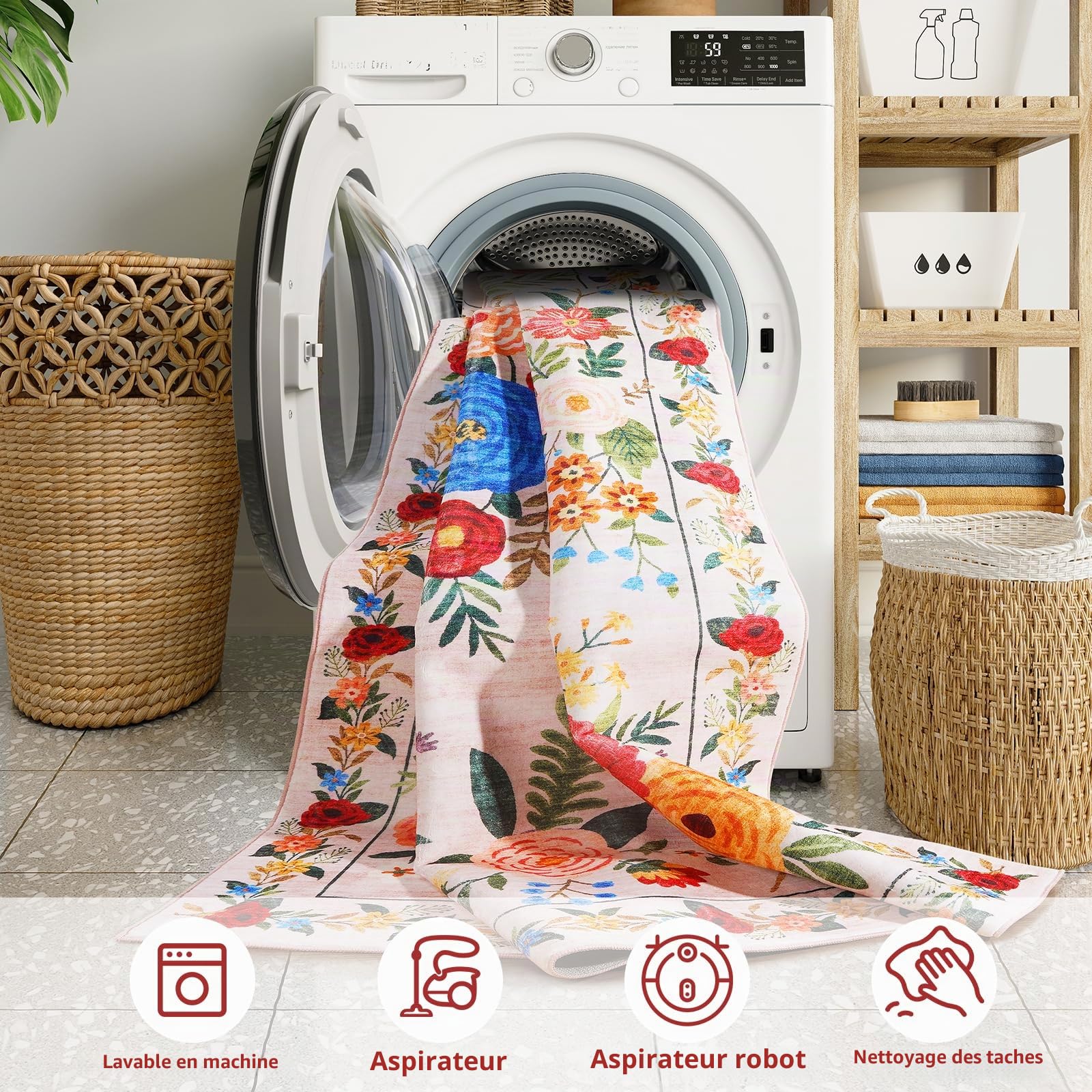 Tapis Rond 120cm Lavable Machine, Moquette Antidérapante Poil Bas Style Boho, Motif Floral Oriental Doux pour Salon, Chambre, Cuisine, Nursery, Bureau