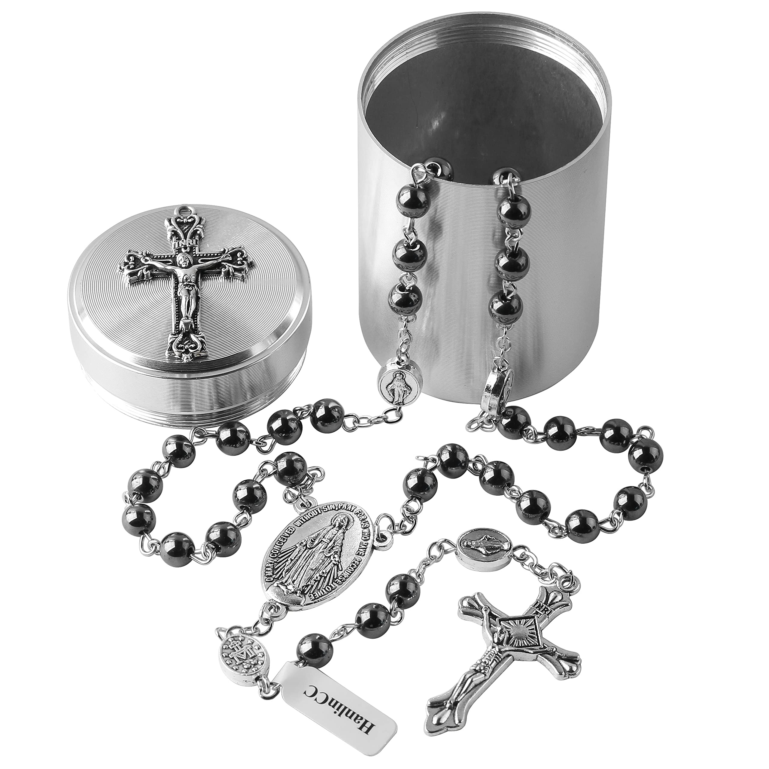 6mm Hematite black stone beads Miraculous Rosary Necklace with Cross Metal Gift Box ofr Men and Women