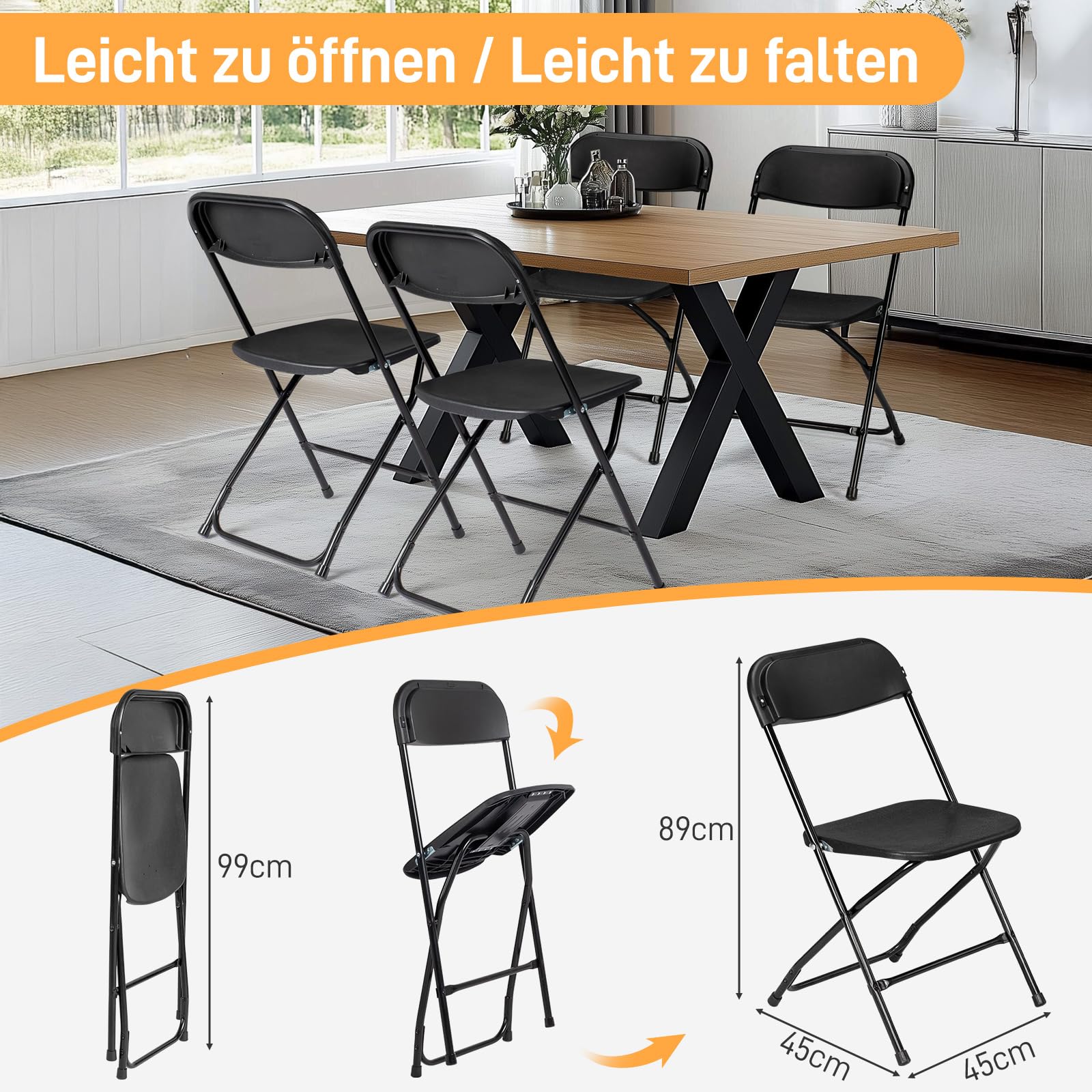 LEADZM Klappstühle 4er-Set, Gartenstuhl Klappbar, Stahlgestell, bis 158 kg, Schwarz