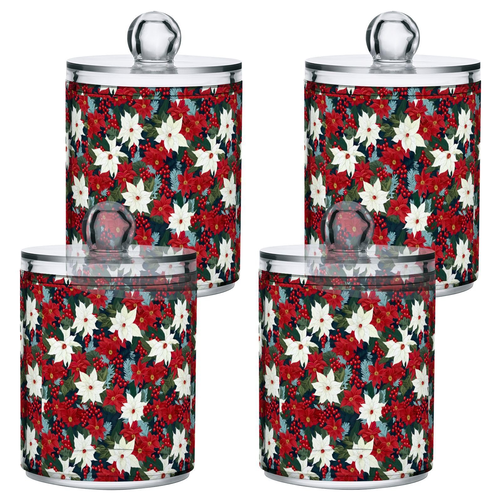 4 Pcs Christmas Xmas Poinsettia Flower 10 OZ Qtip Holder Dispenser for Cotton Ball Cotton Swab Cotton Round