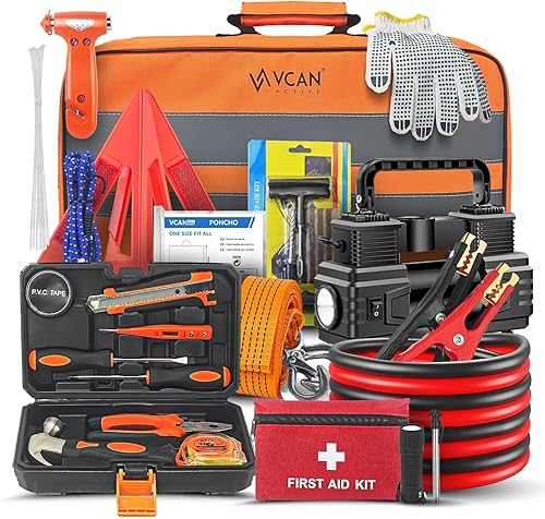Kit de emergencia para automóvil con compresor de aire portátil, kit de primeros auxilios, cables de puente, kit de herramientas de emergencia de