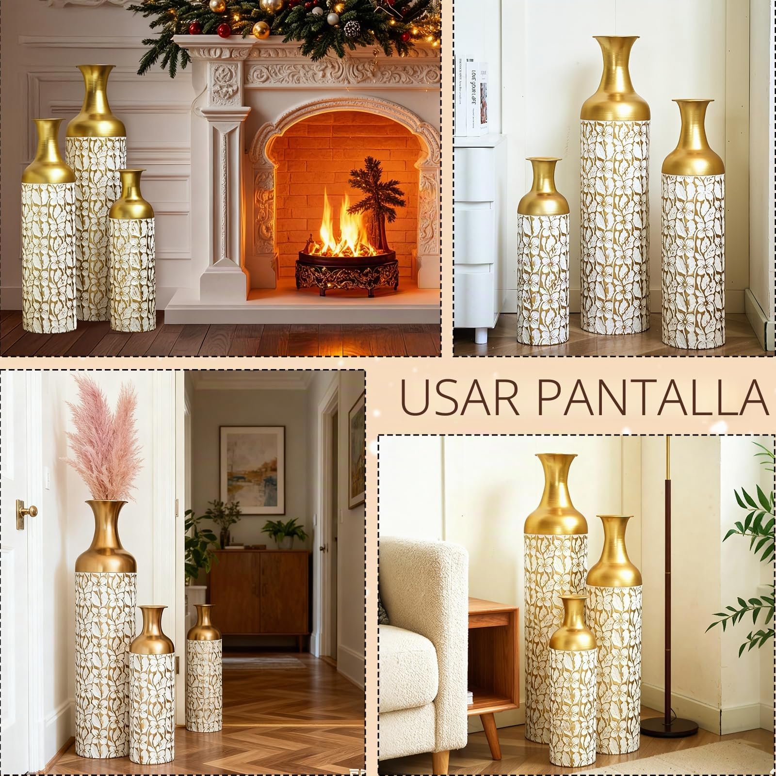 Juego de 3 jarrones de suelo de metal decorativos altos de 83/65/50 cm para hierba de Pampas, flores secas y decoración moderna de salón, pasillo y dormitorio, jarrones grandes con diseño atemporal