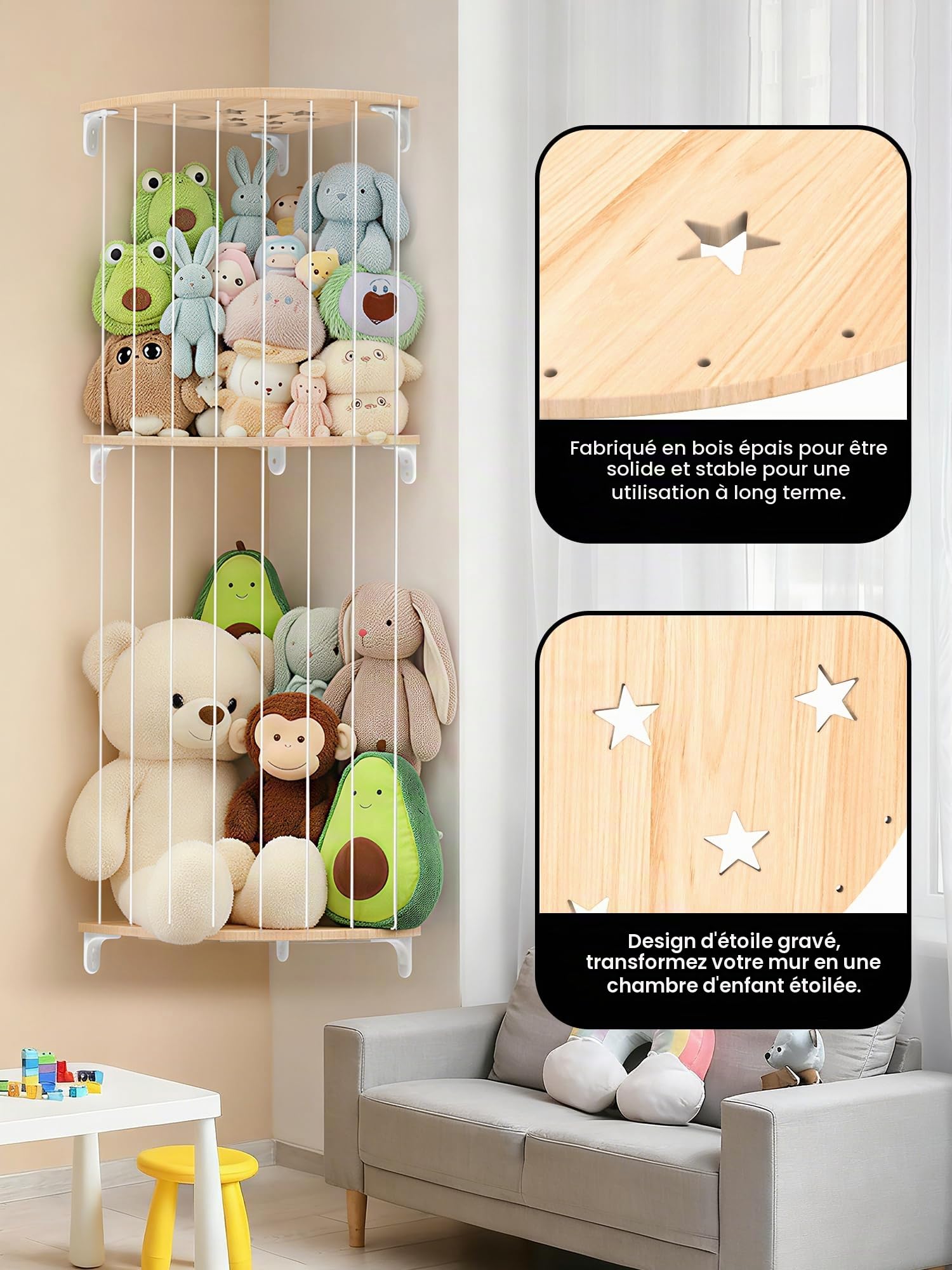 SUNMON Rangement Peluches Enfant, Rangement Peluche Mural, Hauteur Réglable de 110 à 180 cm, Conception à 2 Couche avec Sangles Elastiques, Étagère Murale pour Ranger Peluches