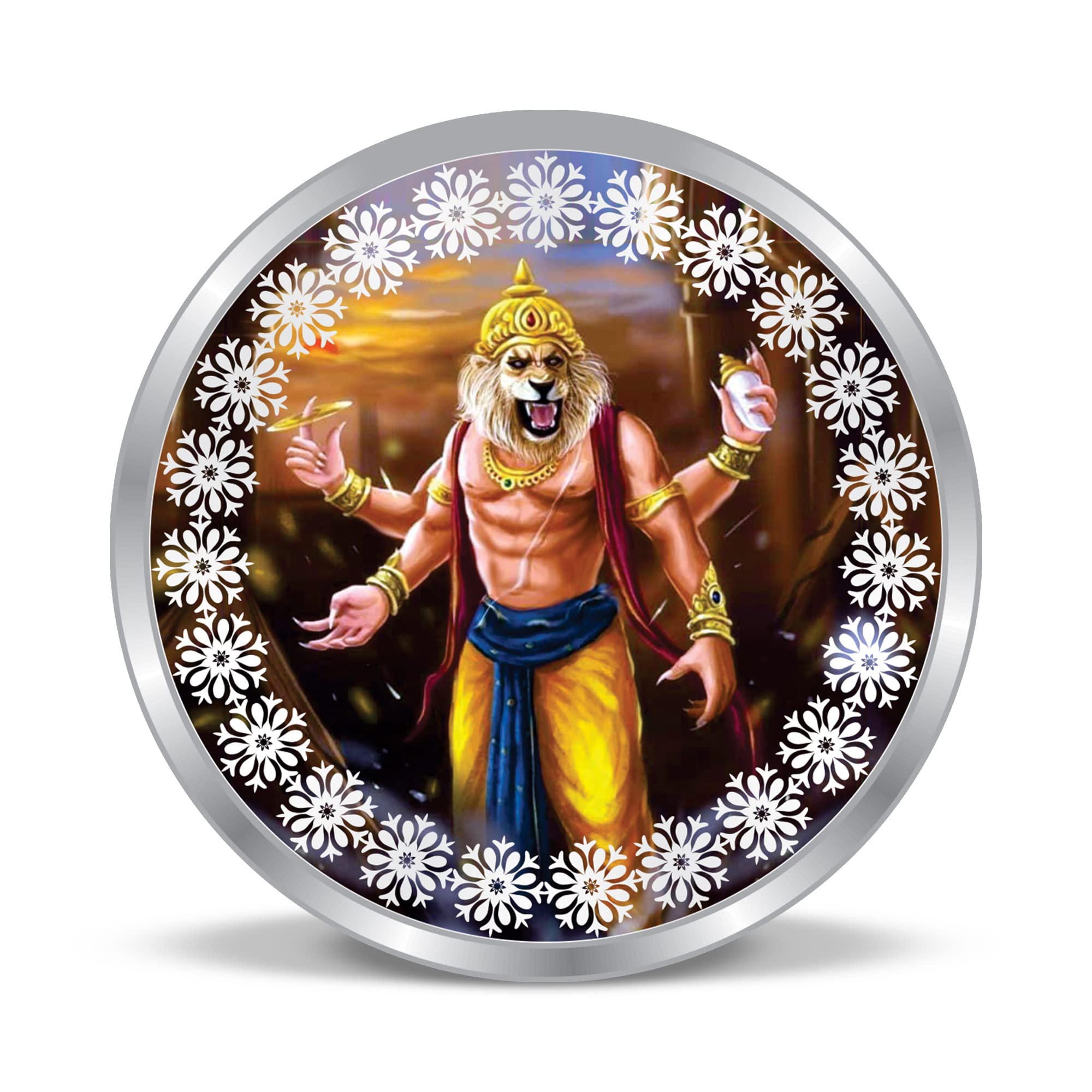 Precious Moments BIS Hallmarked 999 Pure Silver Coin Narasimha Colorful Design available in 10,20,50,100 gram.