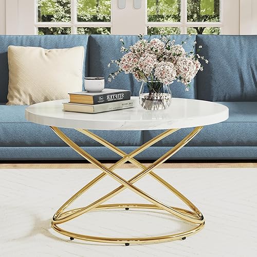 Miniatura 8 de BECHAEO Mesa auxiliar redonda para sala de estar, 31.5 pulgadas, exquisitas mesas de café de mármol sintético con marco dorado, mesa central moderna